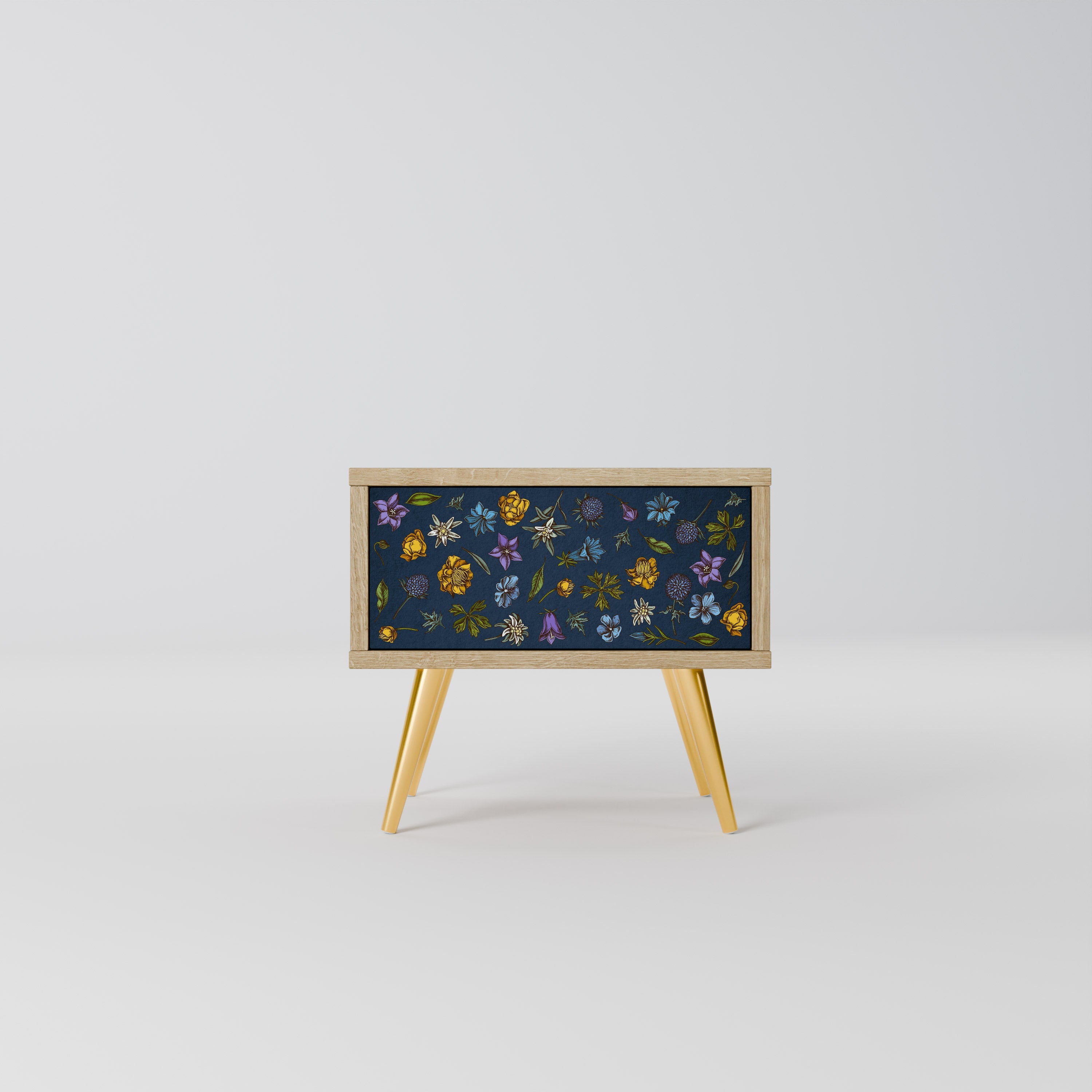 Nachttisch „FLOWERS ON NAVY BLUE“ in Eichenoptik