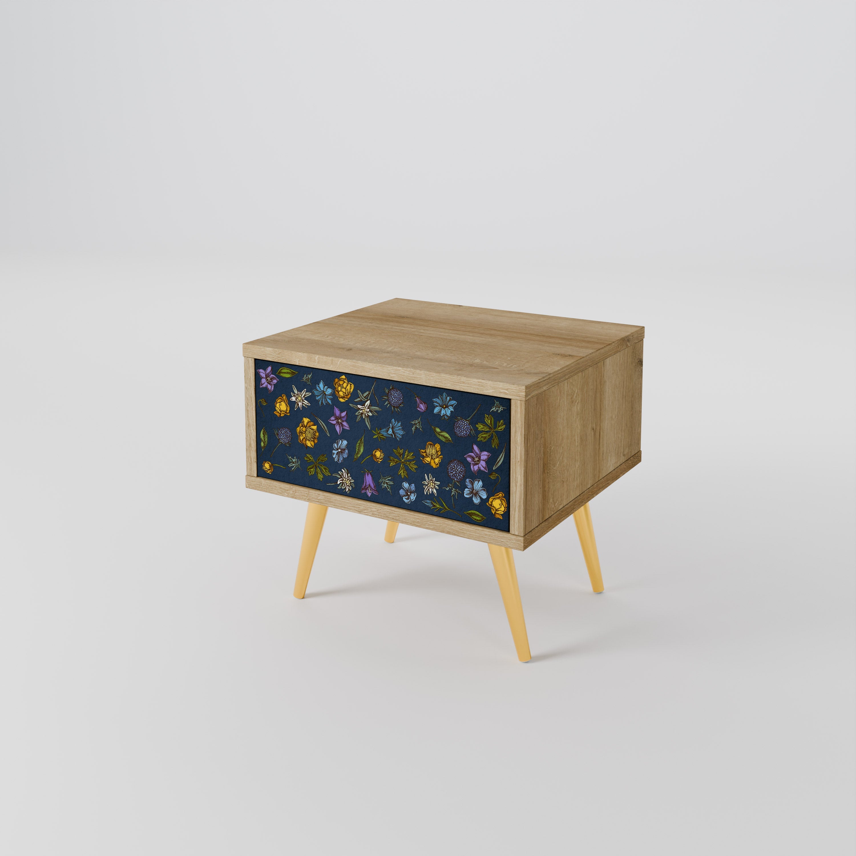 Nachttisch „FLOWERS ON NAVY BLUE“ in Eichenoptik
