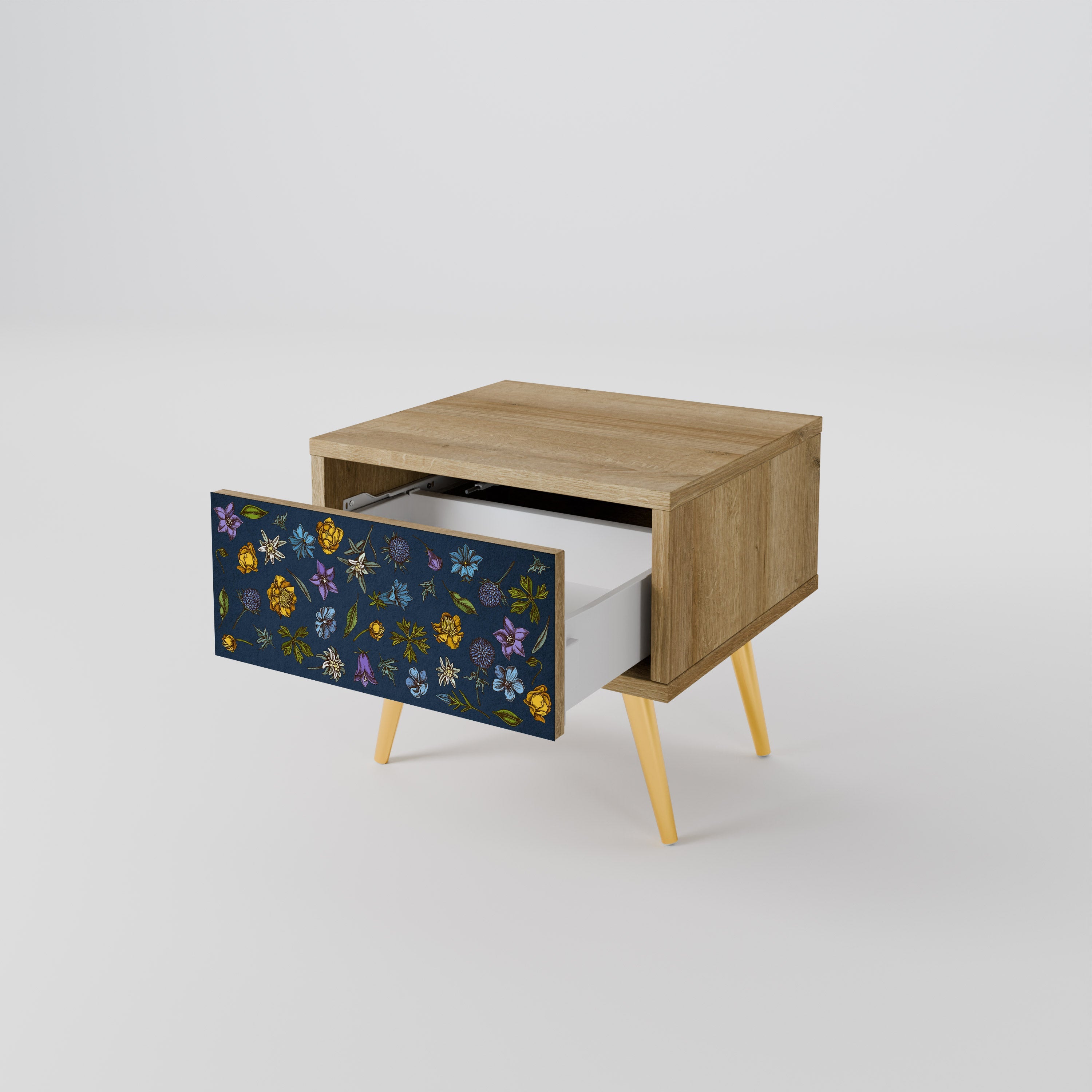 Nachttisch „FLOWERS ON NAVY BLUE“ in Eichenoptik