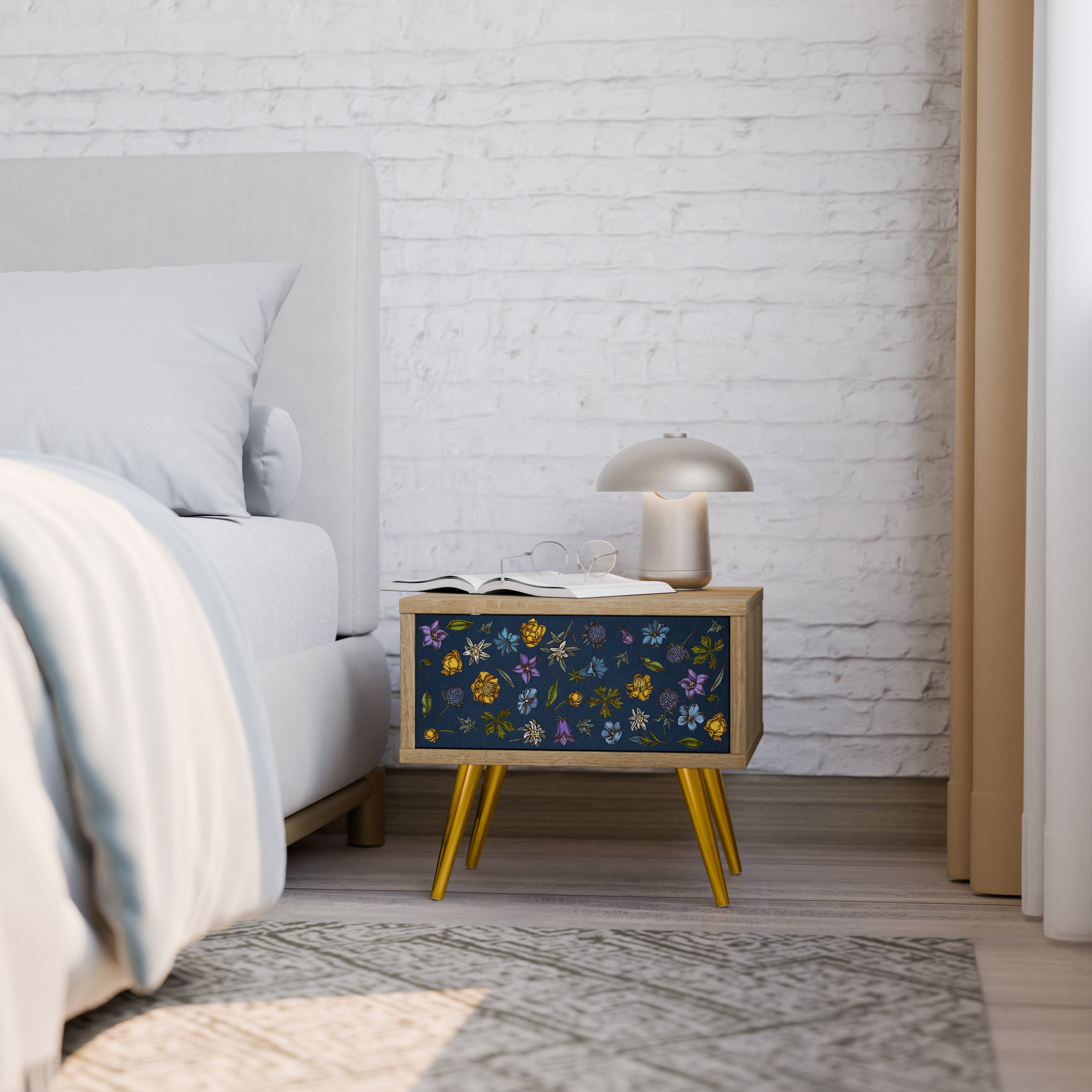 Nachttisch „FLOWERS ON NAVY BLUE“ in Eichenoptik