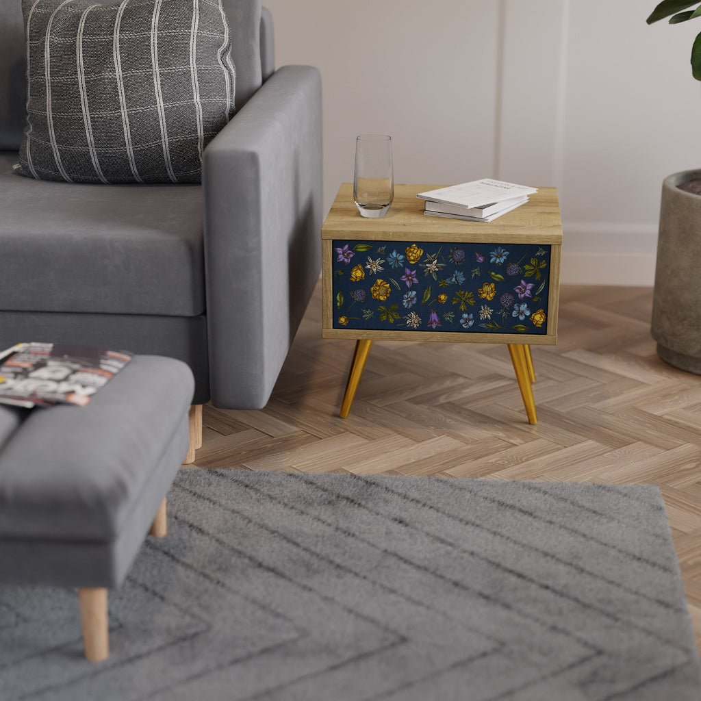 Nachttisch „FLOWERS ON NAVY BLUE“ in Eichenoptik