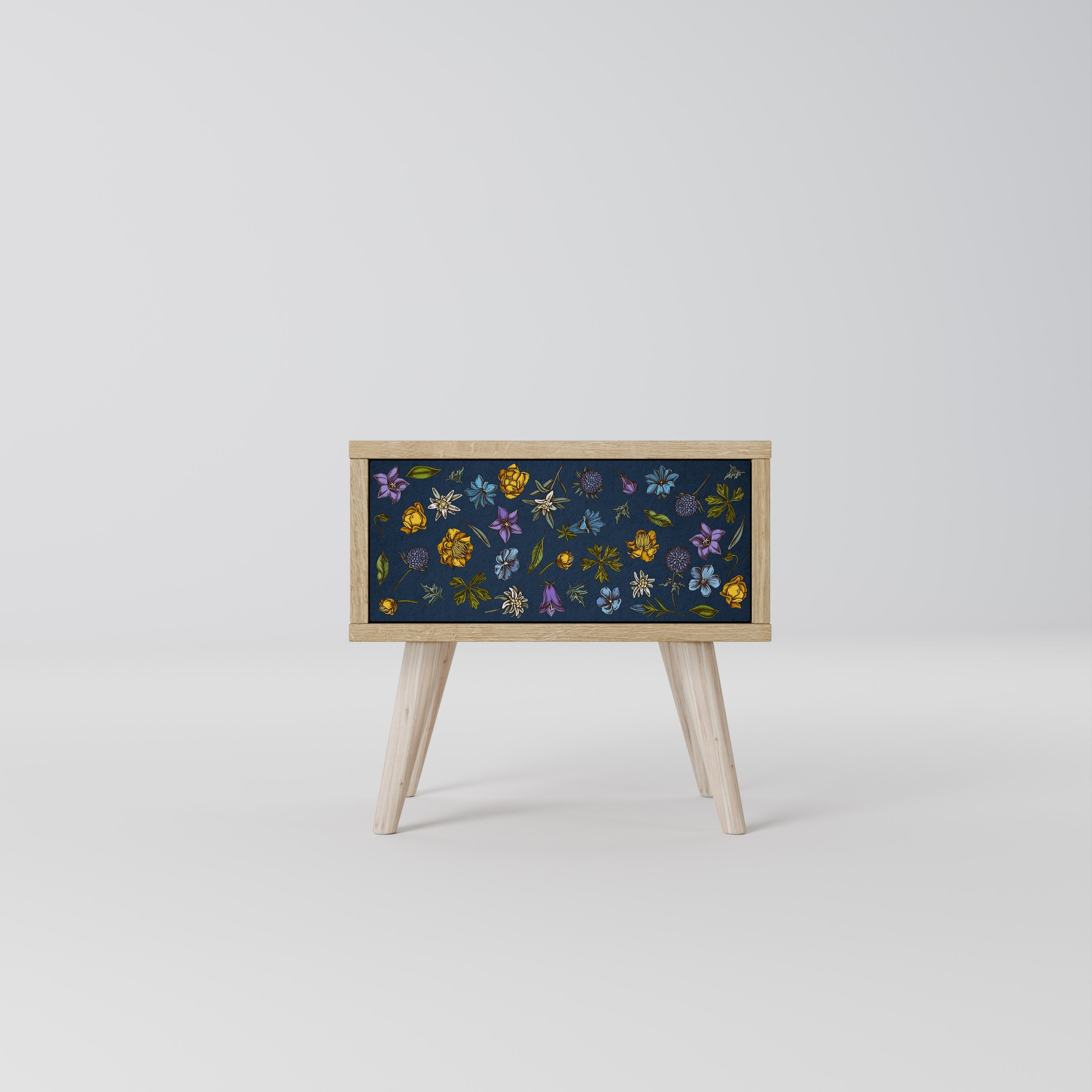 Nachttisch „FLOWERS ON NAVY BLUE“ in Eichenoptik