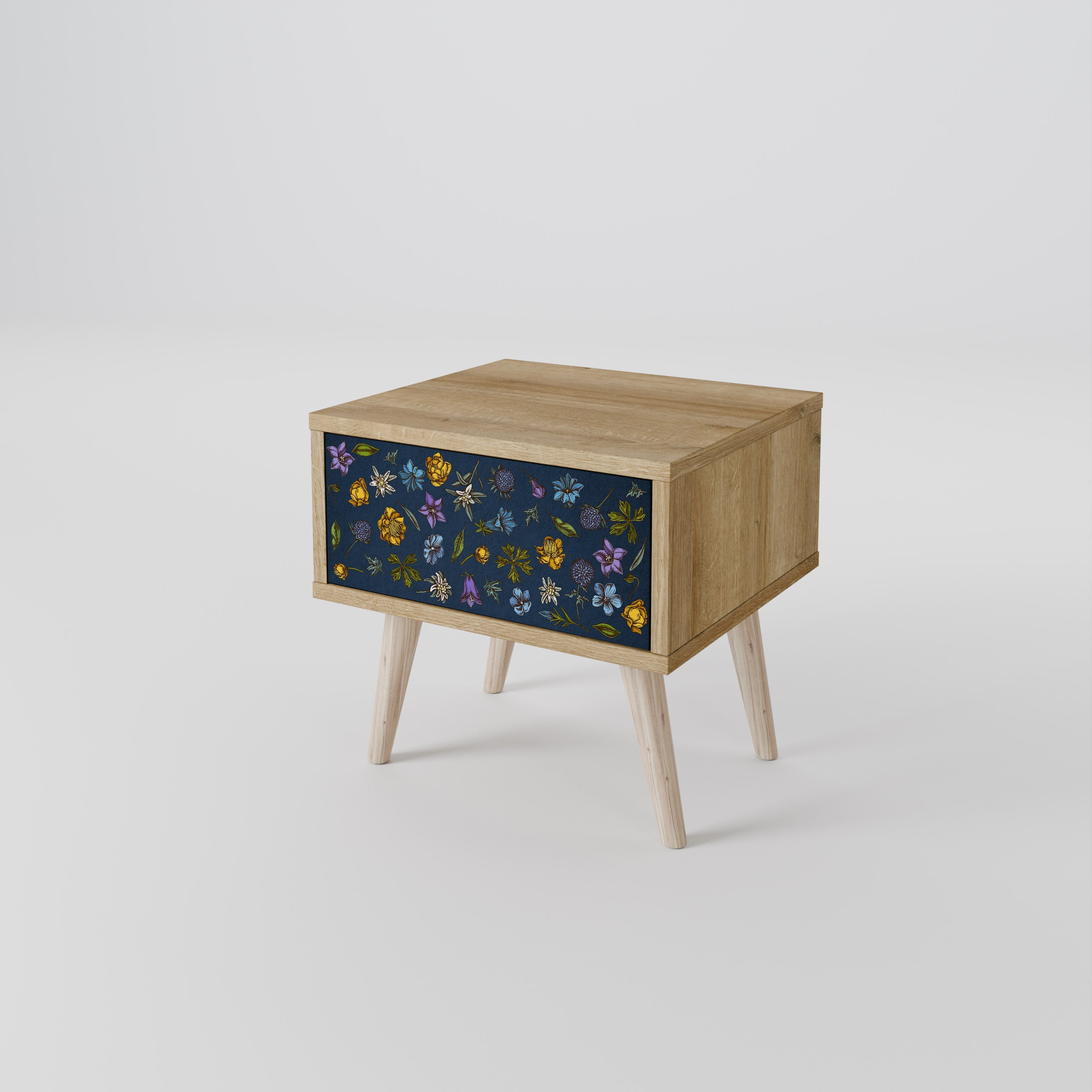 Nachttisch „FLOWERS ON NAVY BLUE“ in Eichenoptik