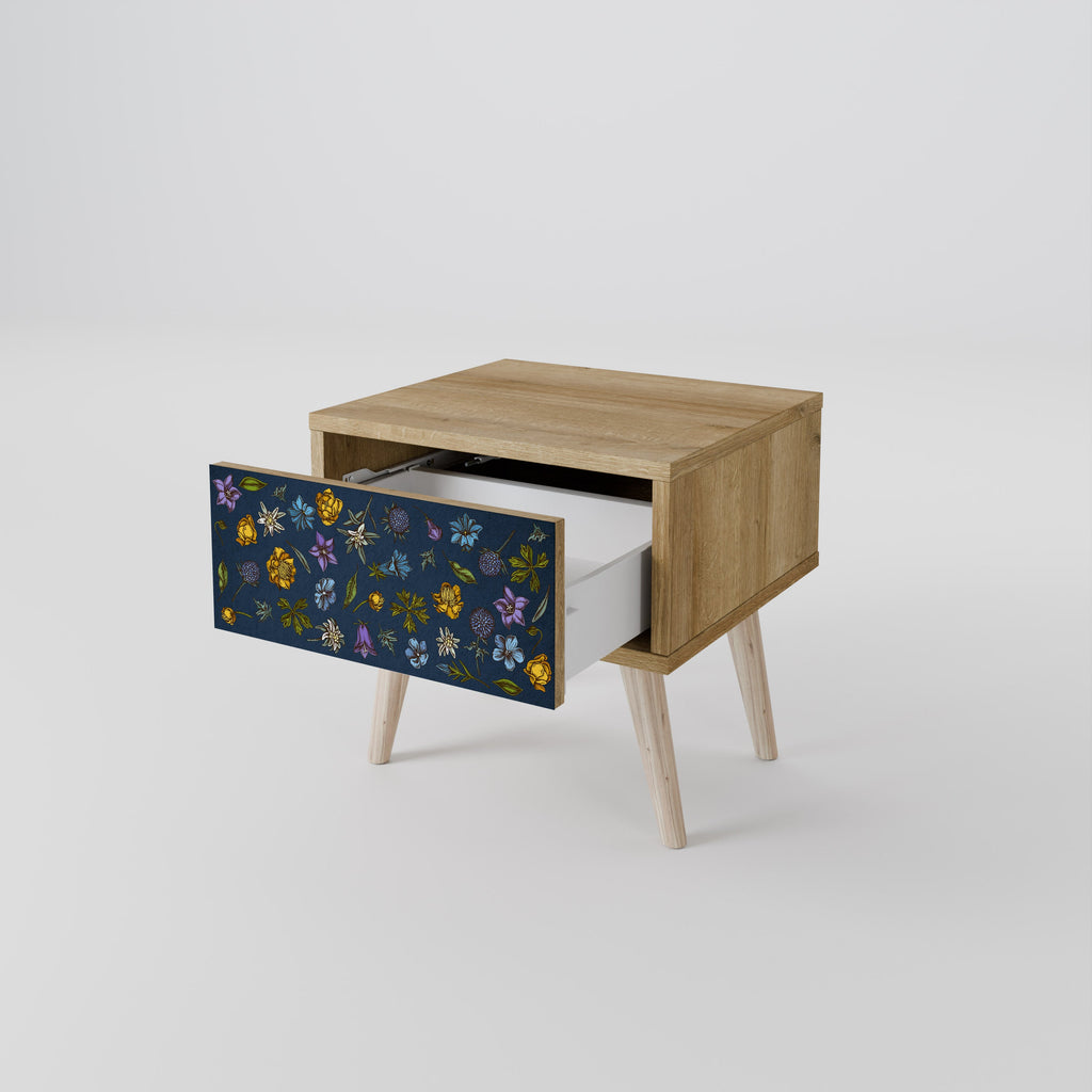 Nachttisch „FLOWERS ON NAVY BLUE“ in Eichenoptik