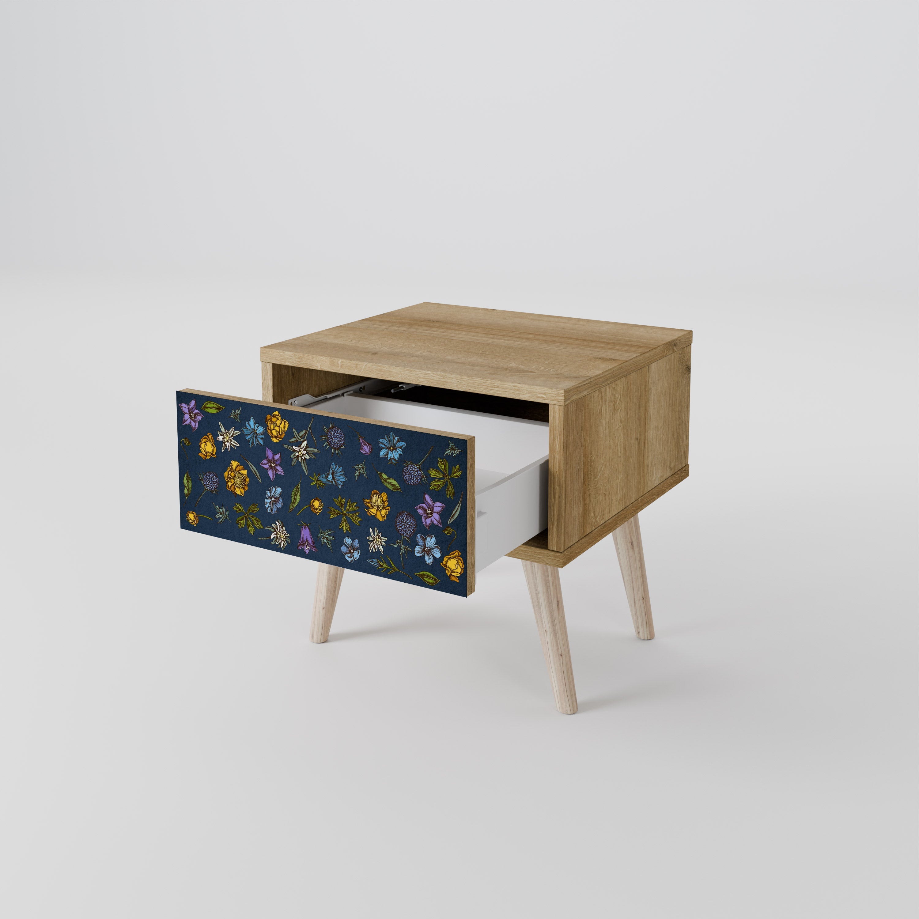 Nachttisch „FLOWERS ON NAVY BLUE“ in Eichenoptik