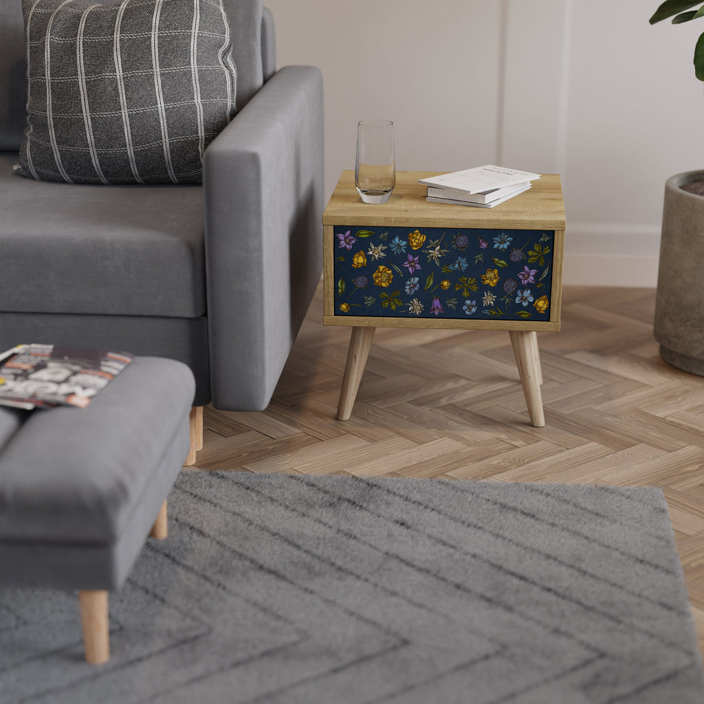 Nachttisch „FLOWERS ON NAVY BLUE“ in Eichenoptik