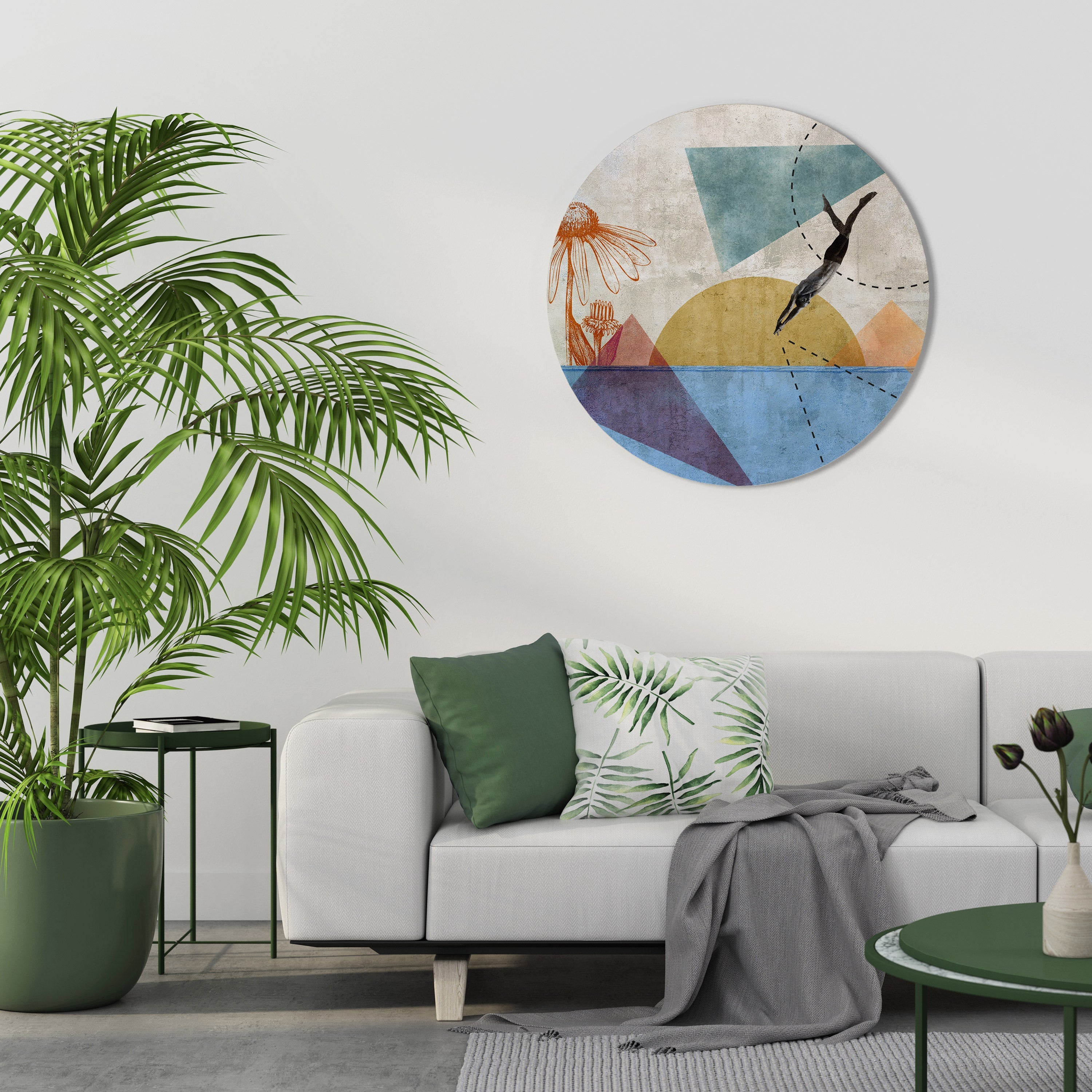 Runde Wandkunst „JUMP AROUND THE SHAPES“