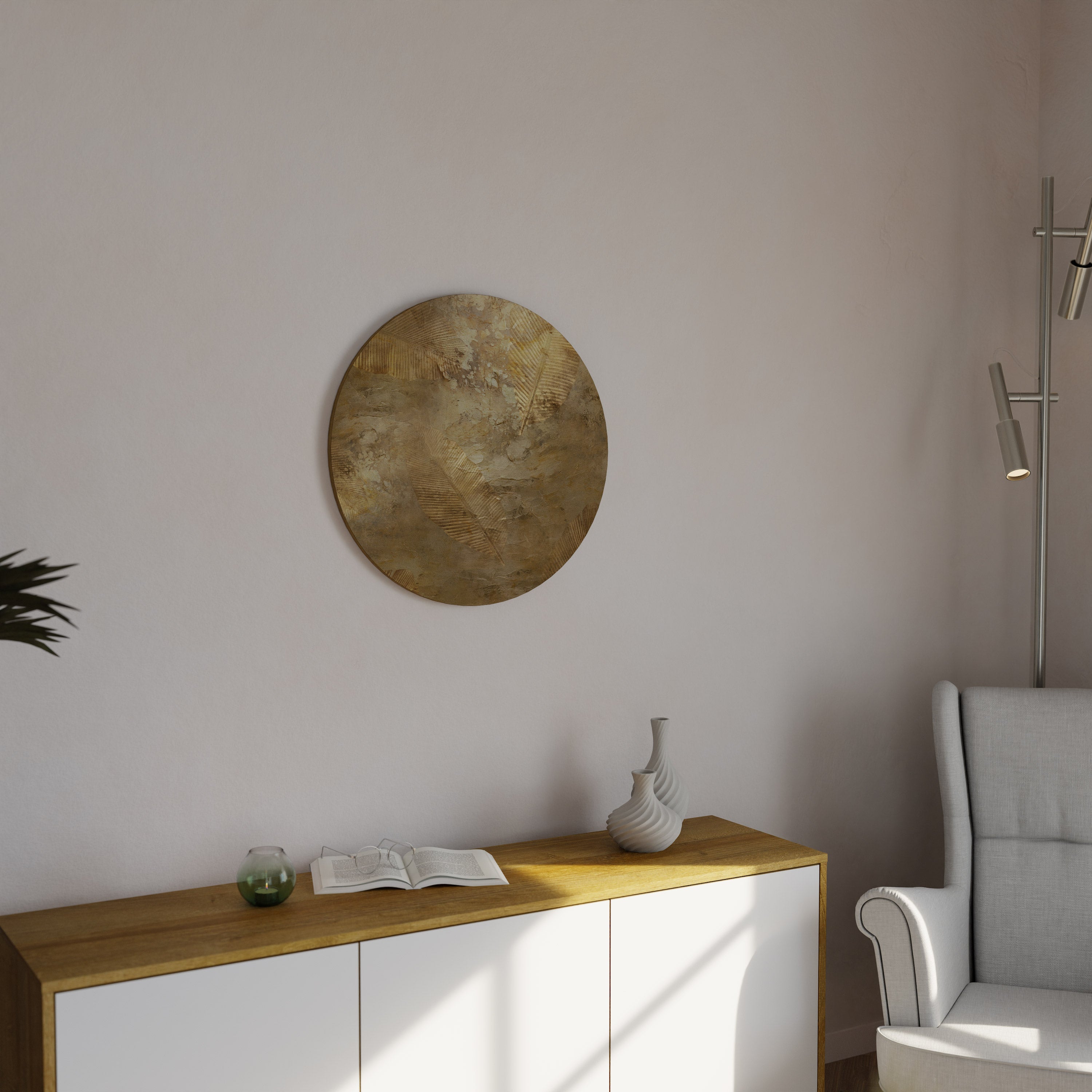 Runde Wandkunst „GILDED LEAF CASCADE“