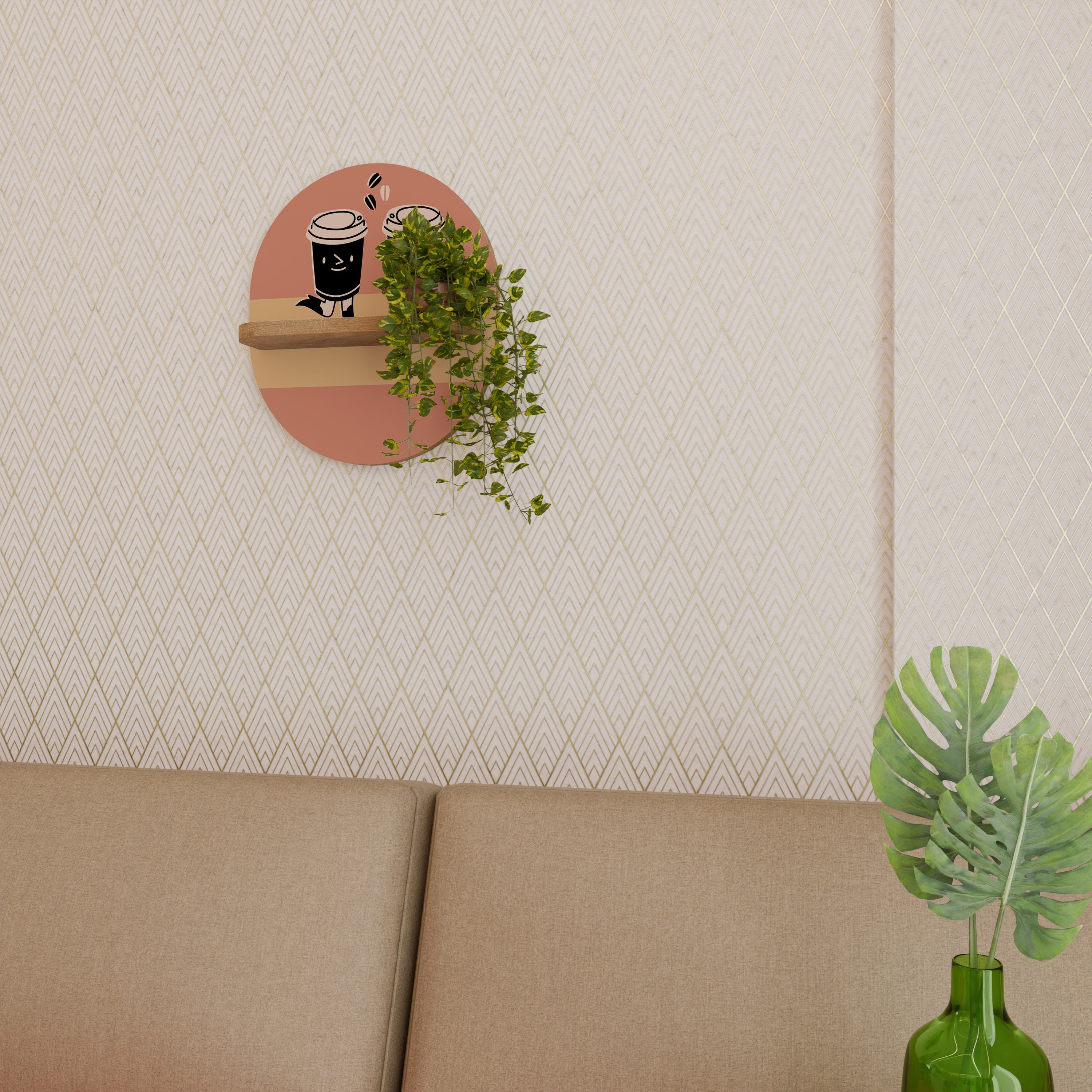 JOYFUL COFFEE Ovales Kunstregal in Eichenoptik