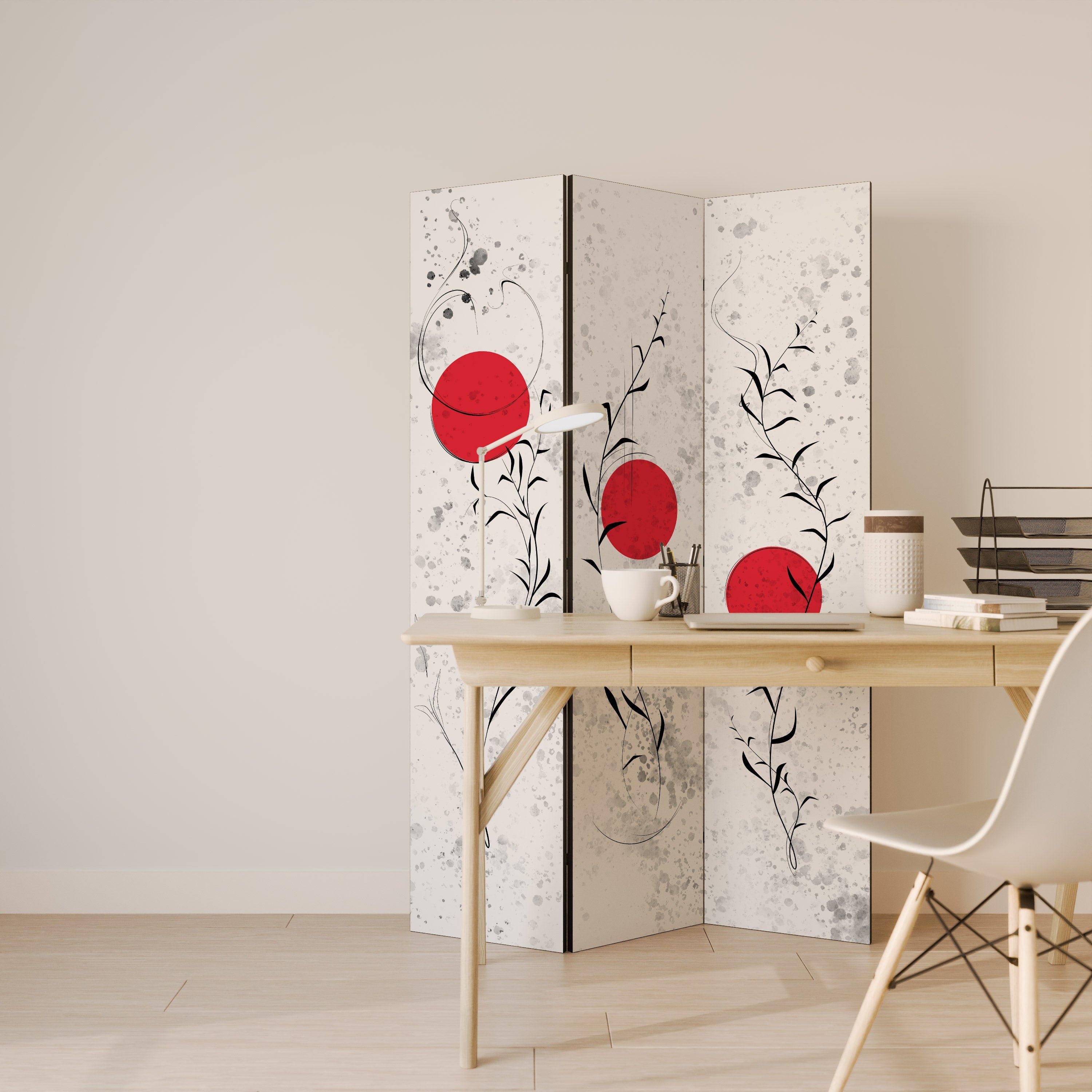 Dekorativer 3-teiliger Raumteiler „RED WHISPERS IN FOLIAGE“