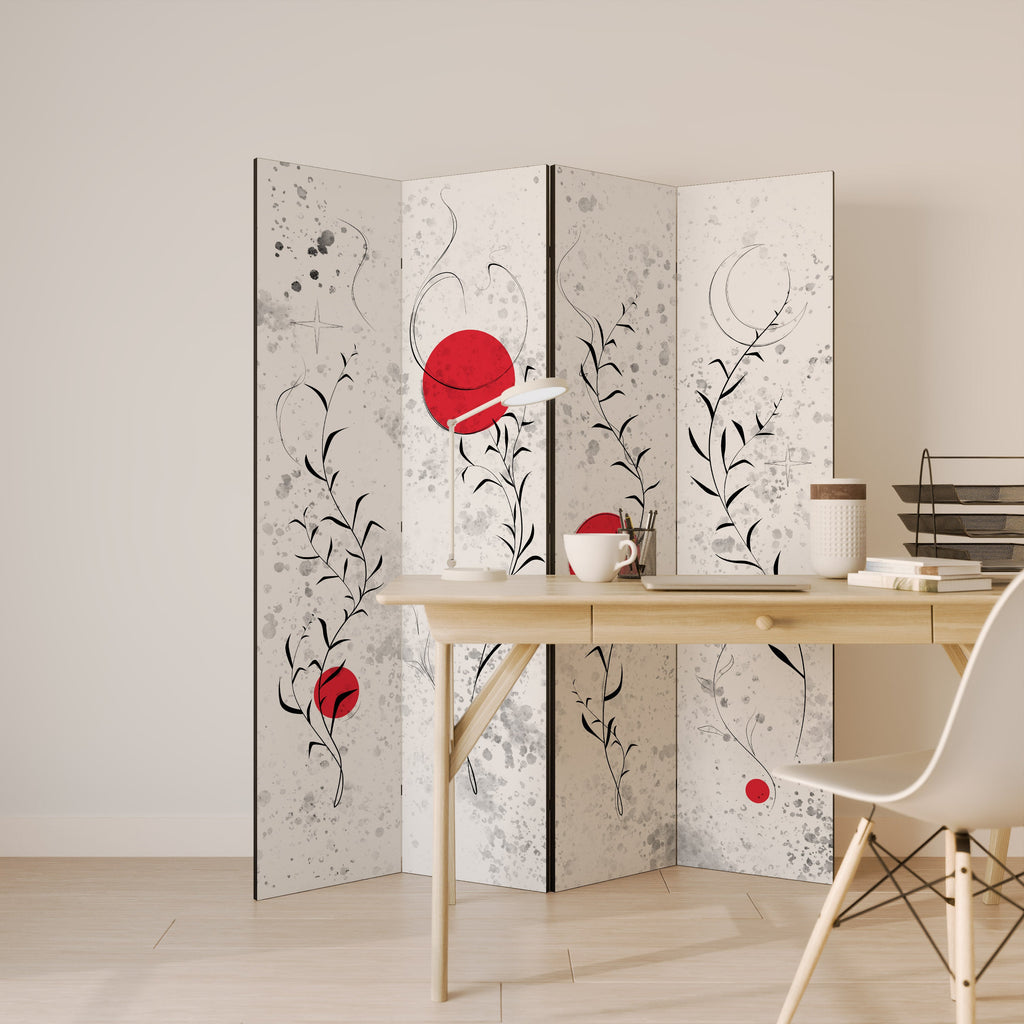 Dekorativer 4-teiliger Raumteiler „RED WHISPERS IN FOLIAGE“
