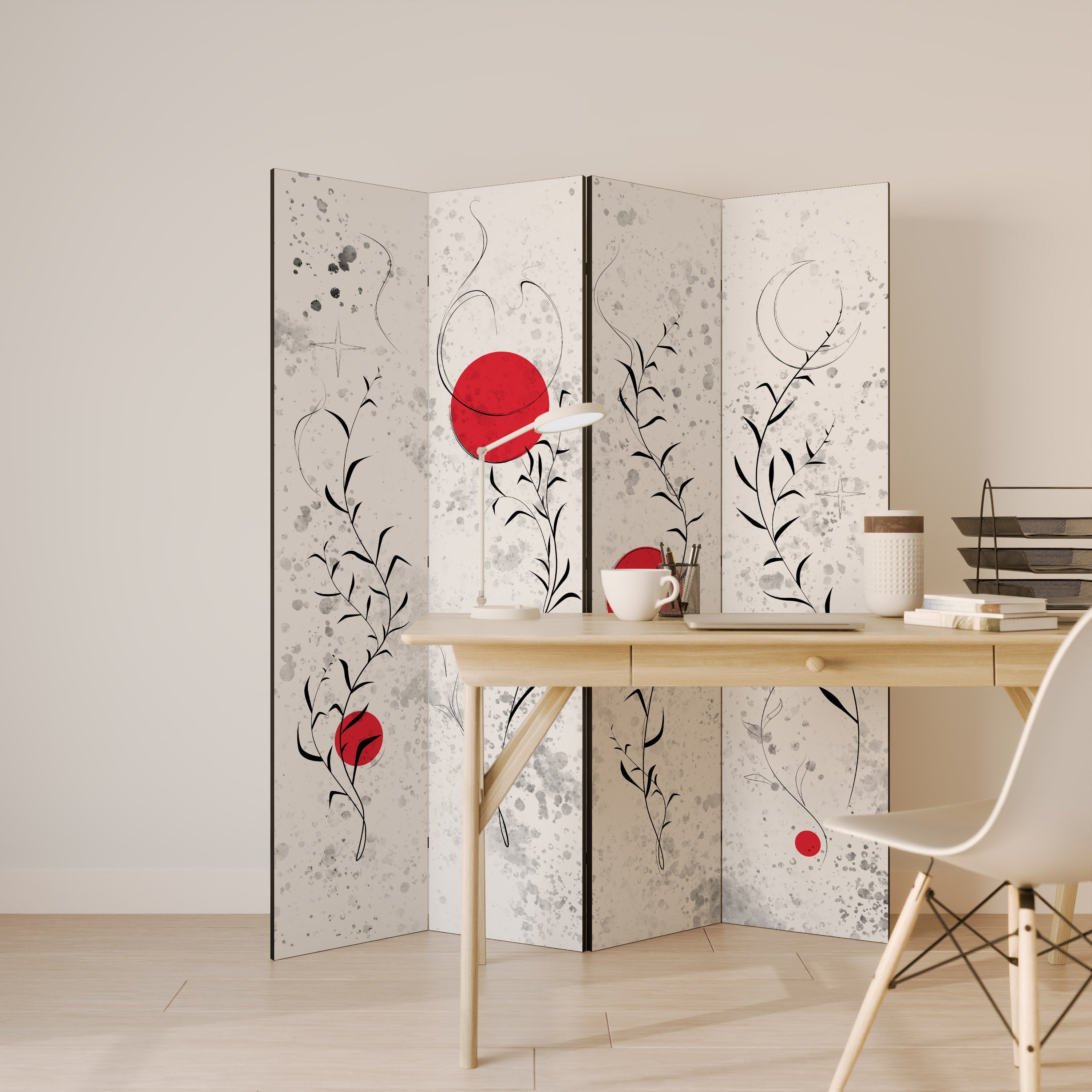 Dekorativer 4-teiliger Raumteiler „RED WHISPERS IN FOLIAGE“