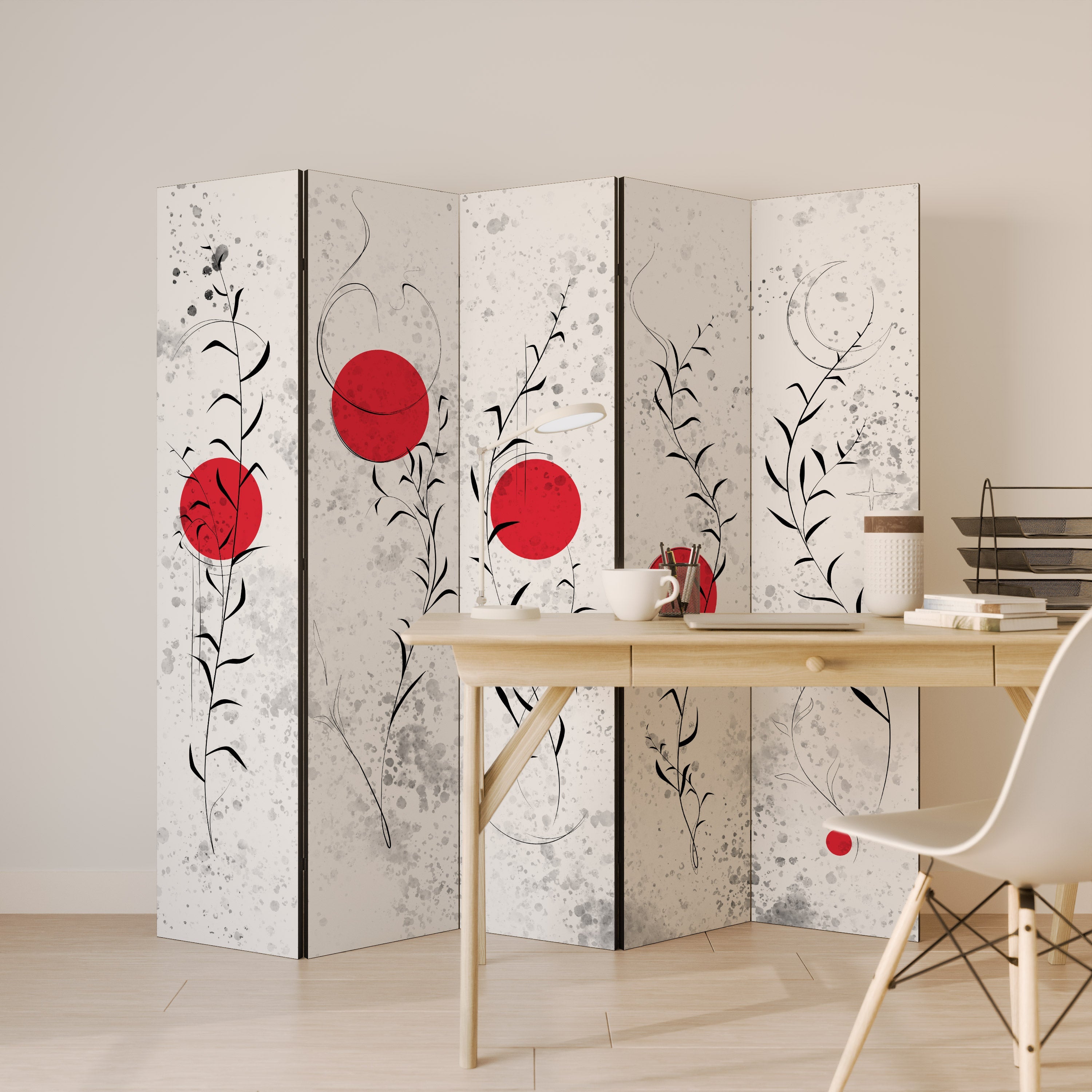 Dekorativer 5-teiliger Raumteiler „RED WHISPERS IN FOLIAGE“