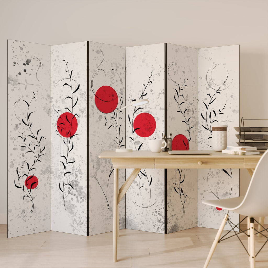 Dekorativer Raumteiler mit 6 Paneelen „RED WHISPERS IN FOLIAGE“