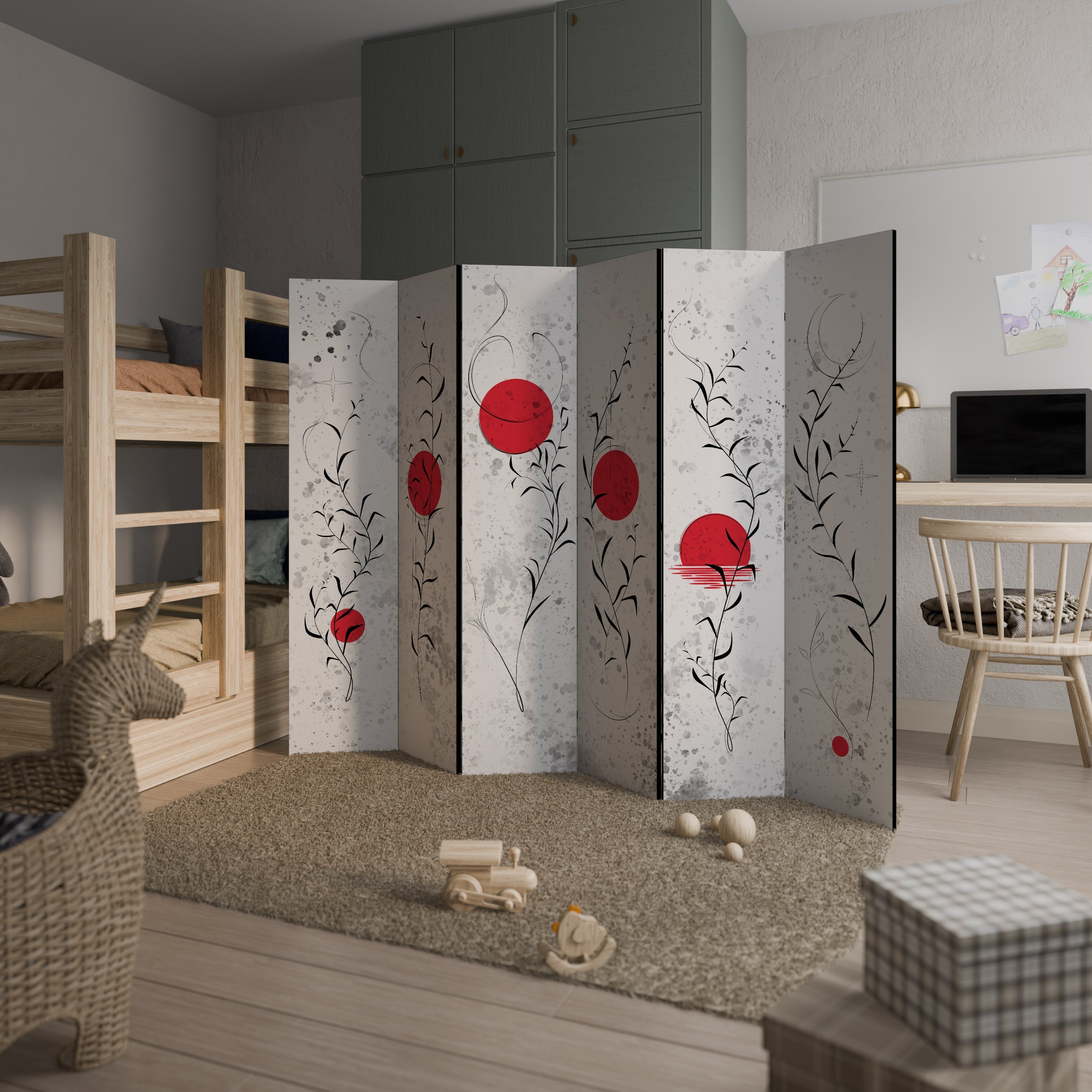 Dekorativer Raumteiler mit 6 Paneelen „RED WHISPERS IN FOLIAGE“