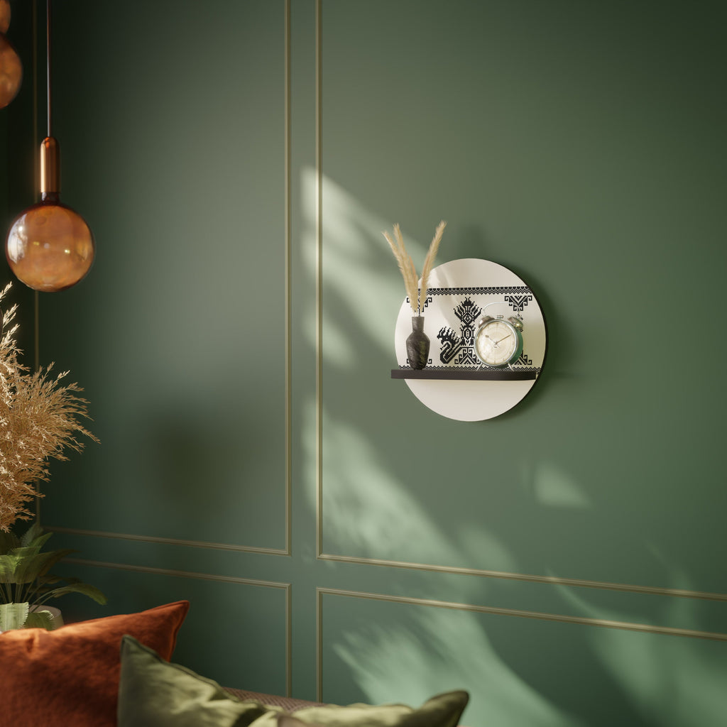 MYTHIC STITCH Round Art Shelf In Black Finish