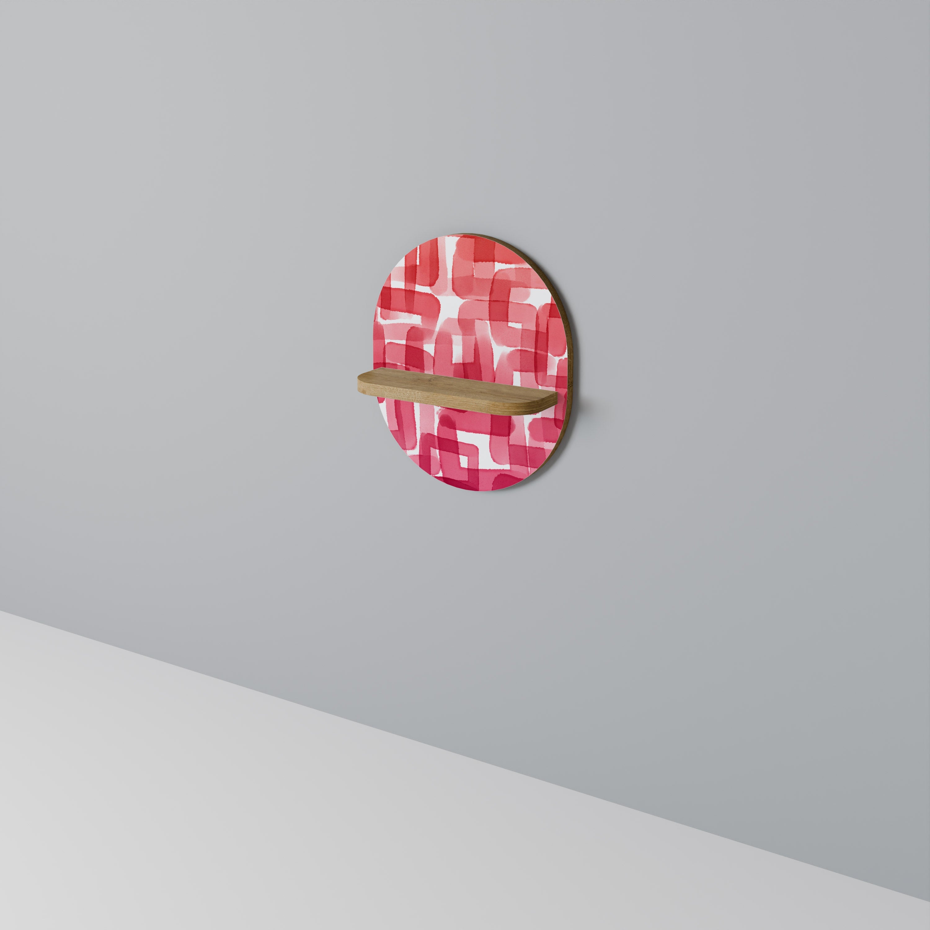 Kaleidoskopischer Kubismus, ovales Kunstregal in Eichenoptik
