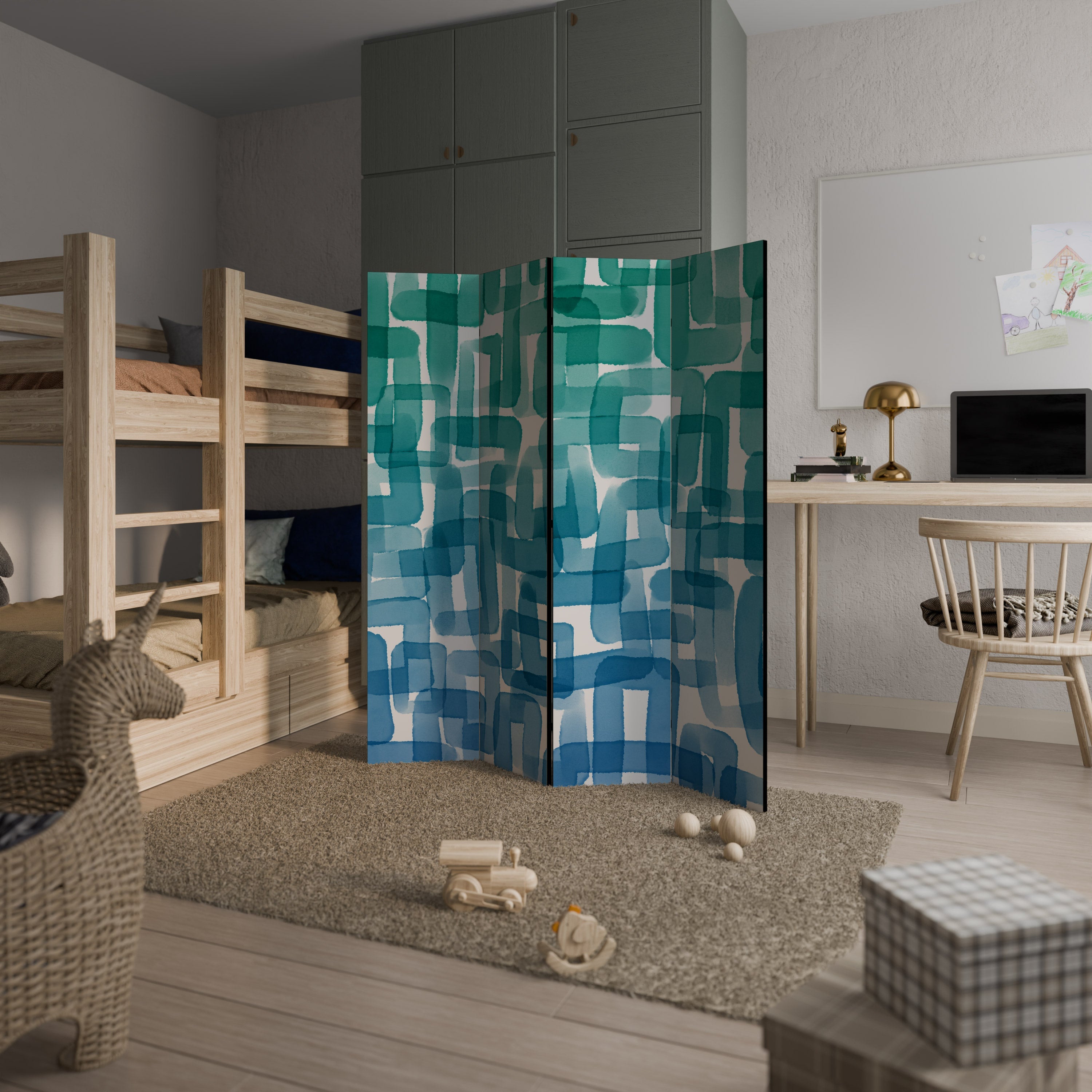 Türkisfarbene Rechtecke, dekorativer 4-teiliger Raumteiler