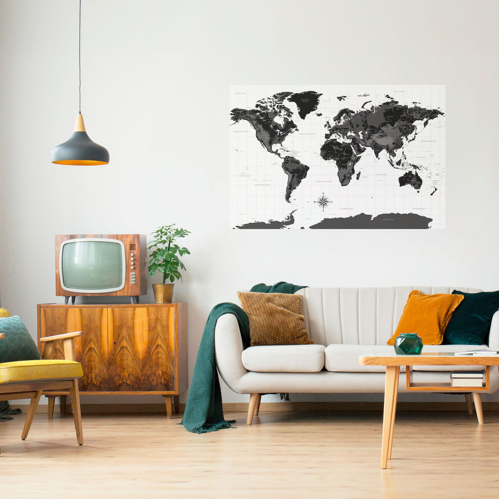 MONOCHROME EARTH MAP Selbstklebendes Horizontal-Poster