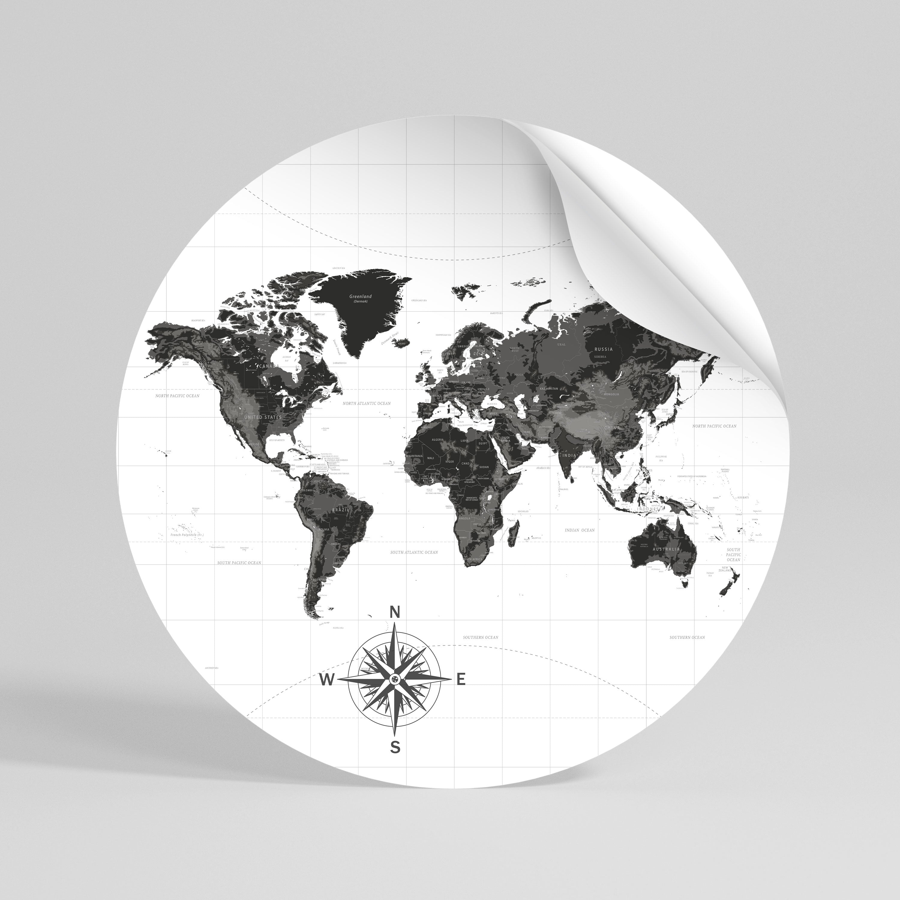 MONOCHROME EARTH MAP Runder Wandsticker zum Abziehen und Aufkleben