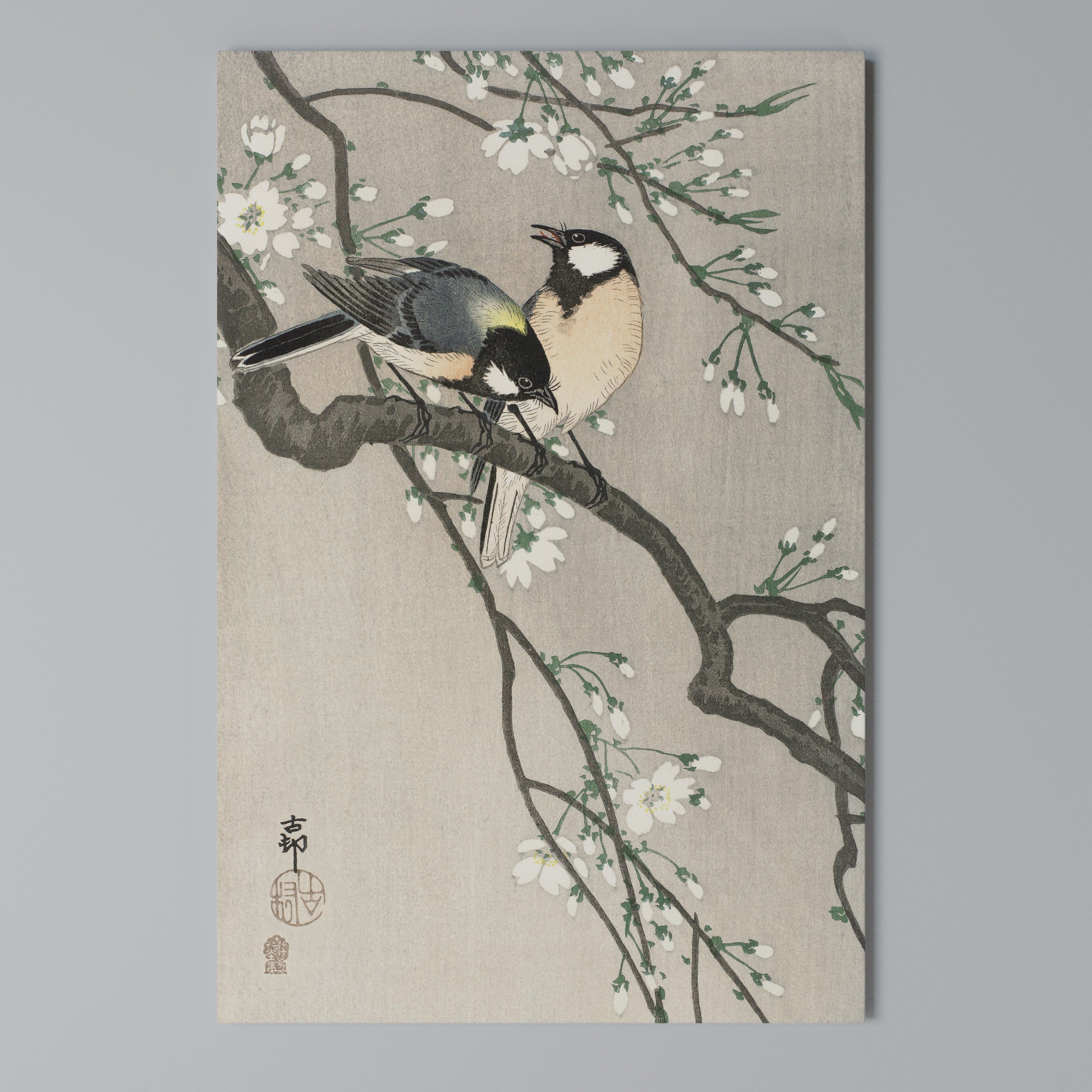 TITS ON CHERRY BRANCH Vertical Canvas Print