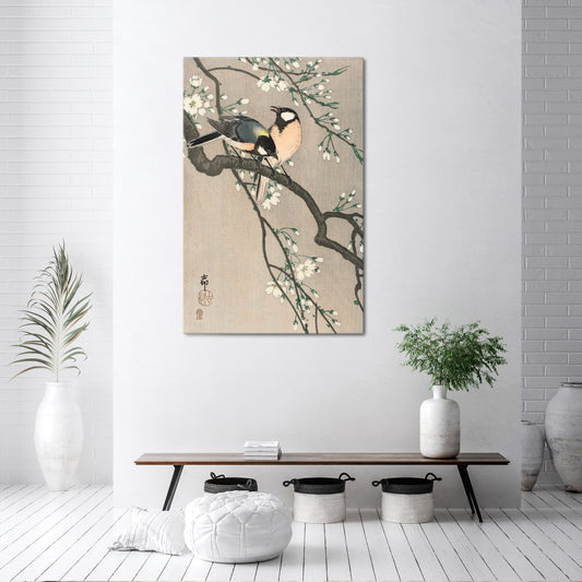 TITS ON CHERRY BRANCH Vertical Canvas Print
