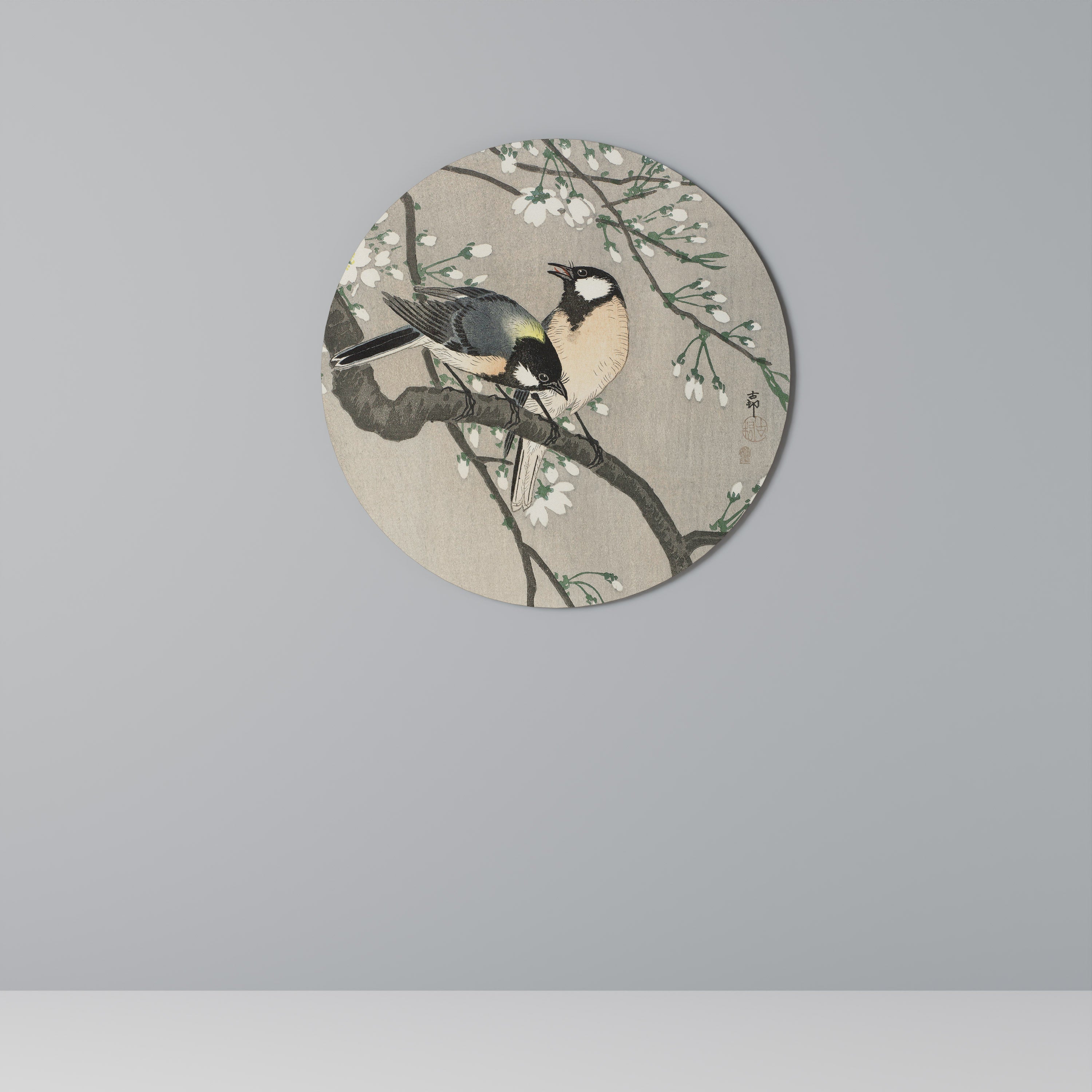 TITS ON CHERRY BRANCH Runde Wanddekoration Ø 69 cm