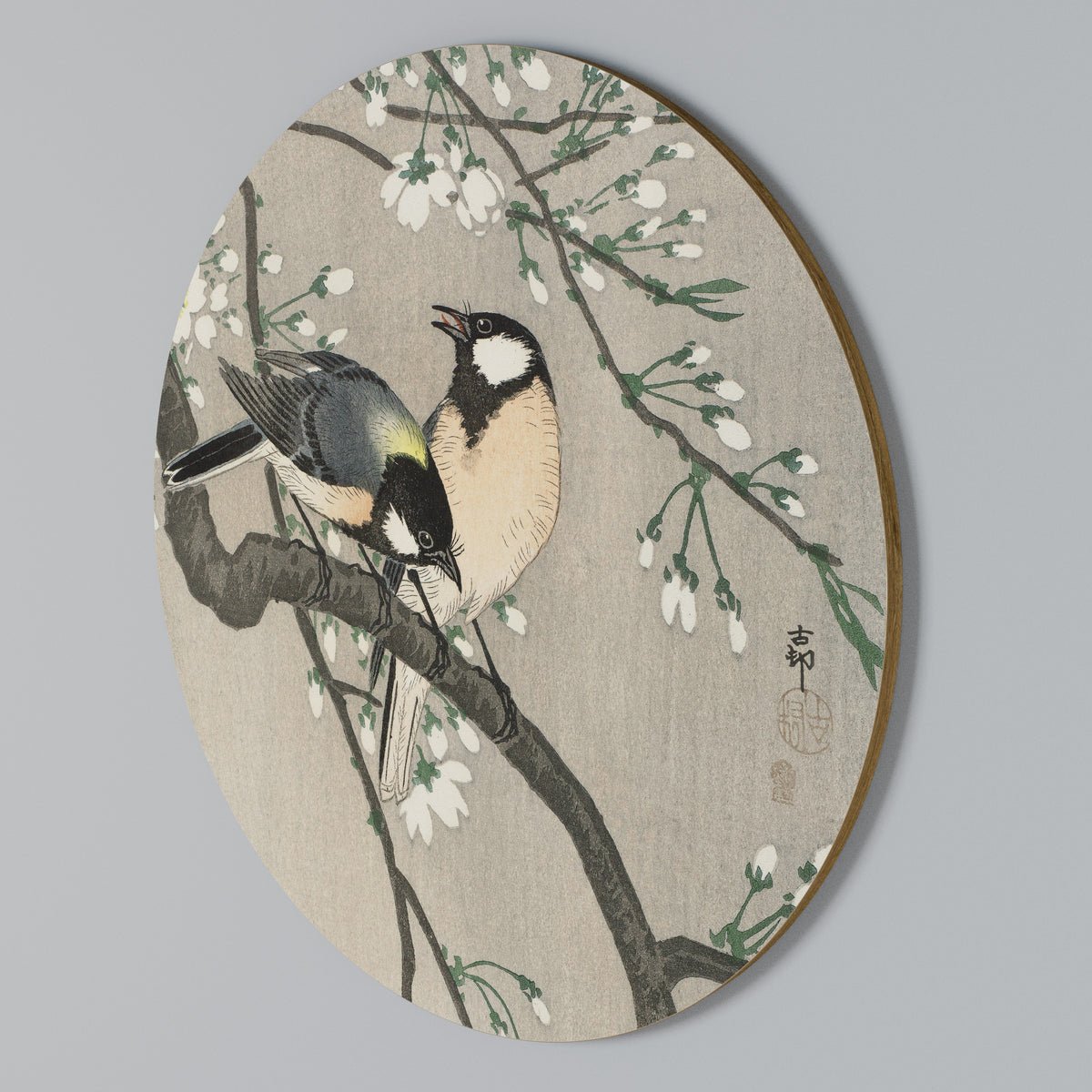 TITS ON CHERRY BRANCH Rundes Wandbild