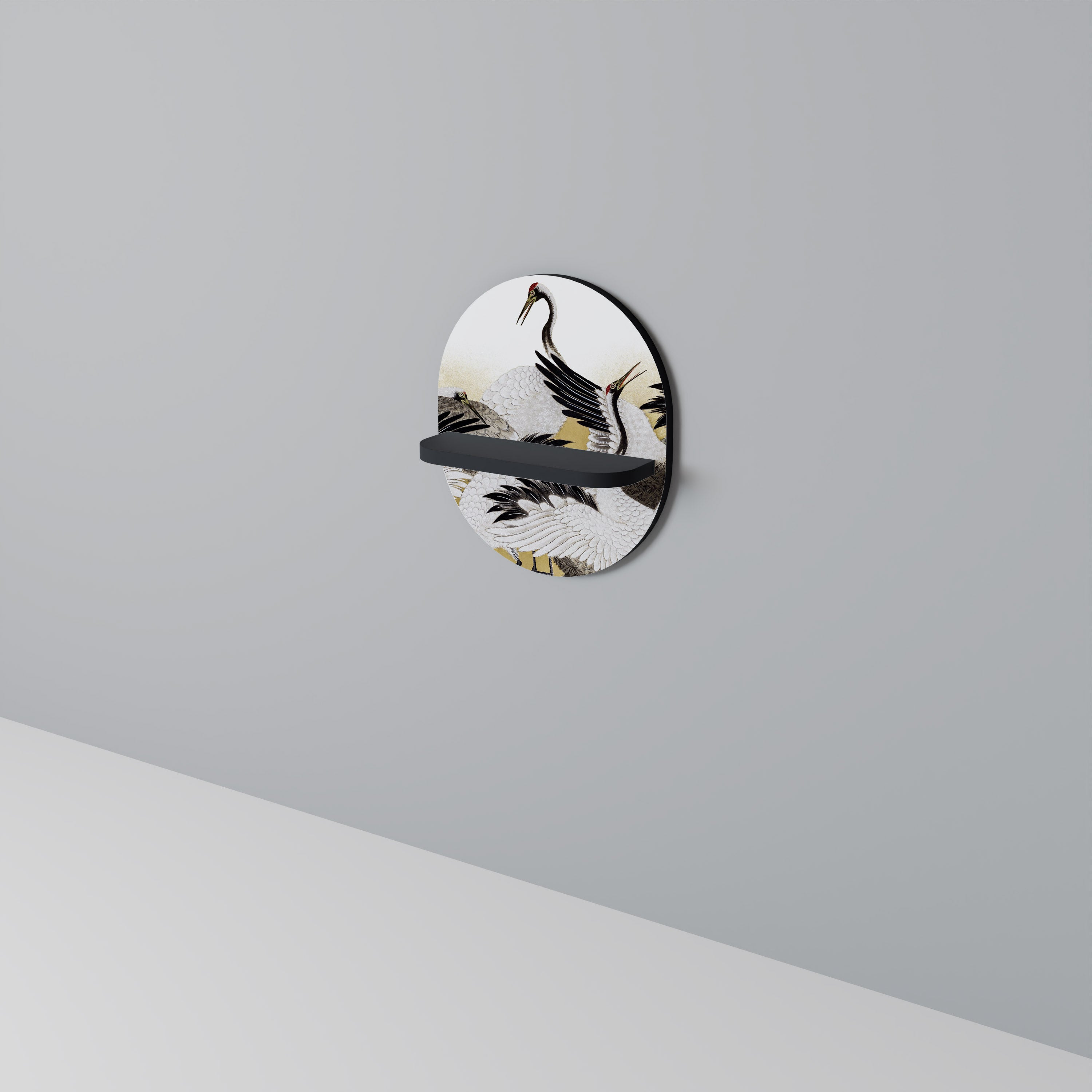 JAPANESE FLOCK OF CRANES Ovales Kunstregal in Schwarz