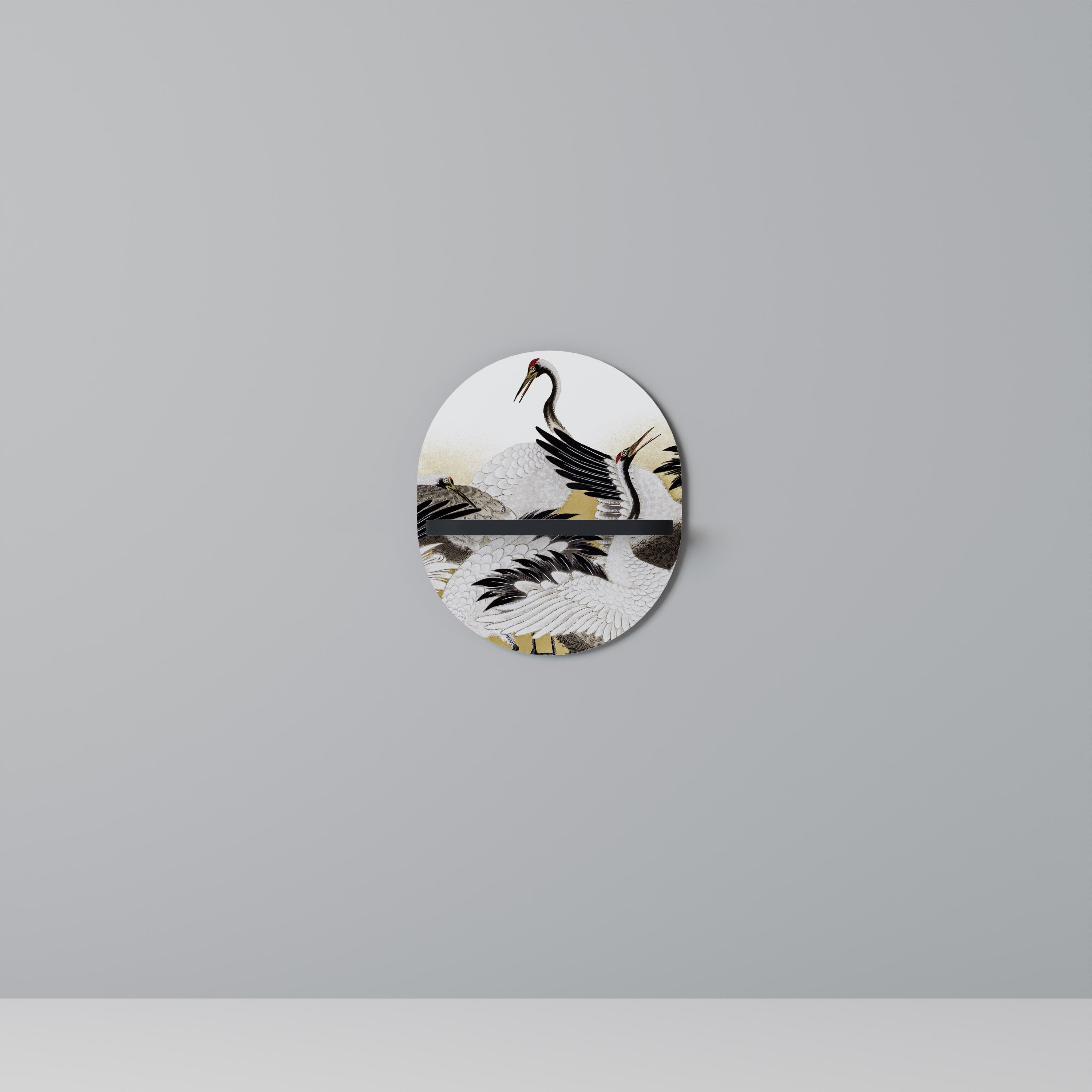 JAPANESE FLOCK OF CRANES Ovales Kunstregal in Schwarz