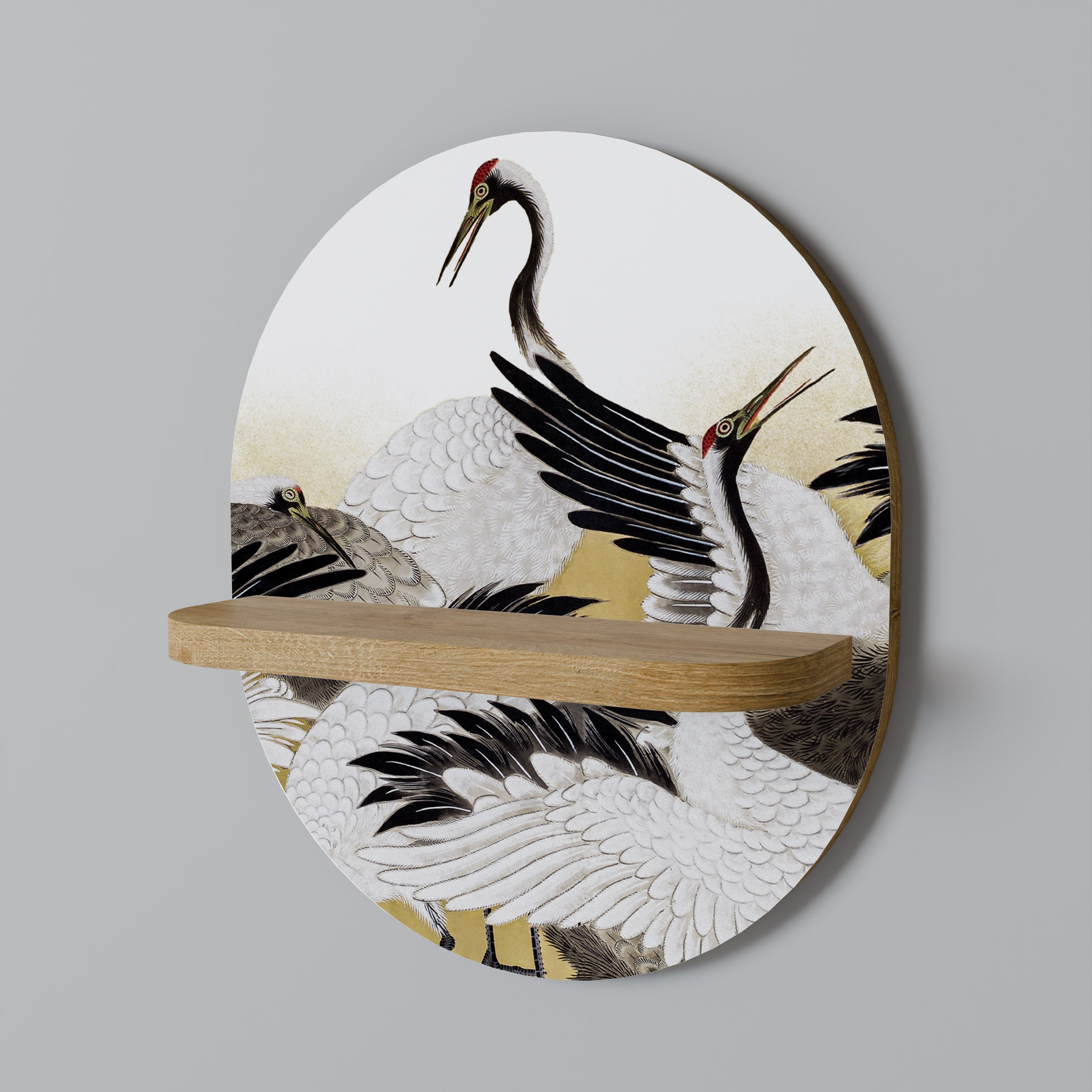 Ovales Kunstregal „Japanese Flock of Cranes“ in Eichenoptik