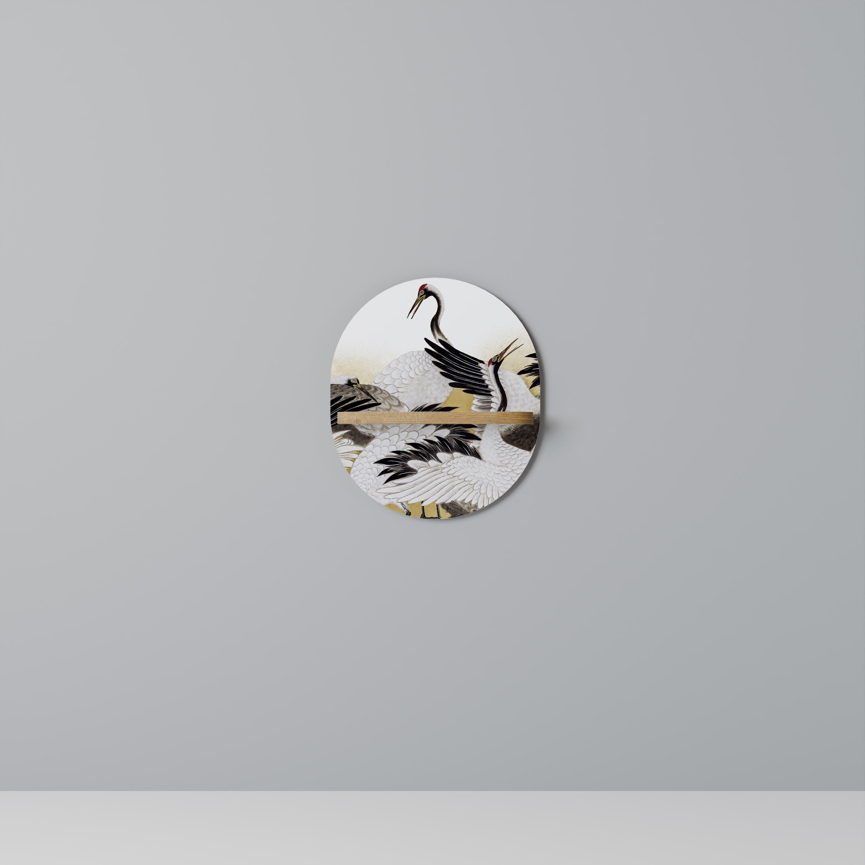 Ovales Kunstregal „Japanese Flock of Cranes“ in Eichenoptik