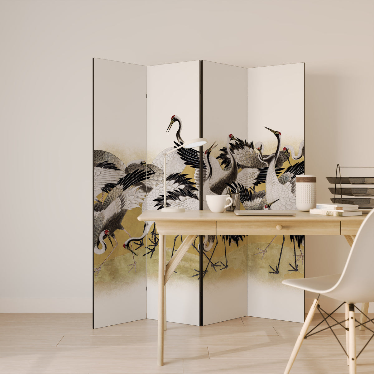 JAPANESE FLOCK OF CRANES 4-teiliger Paravent