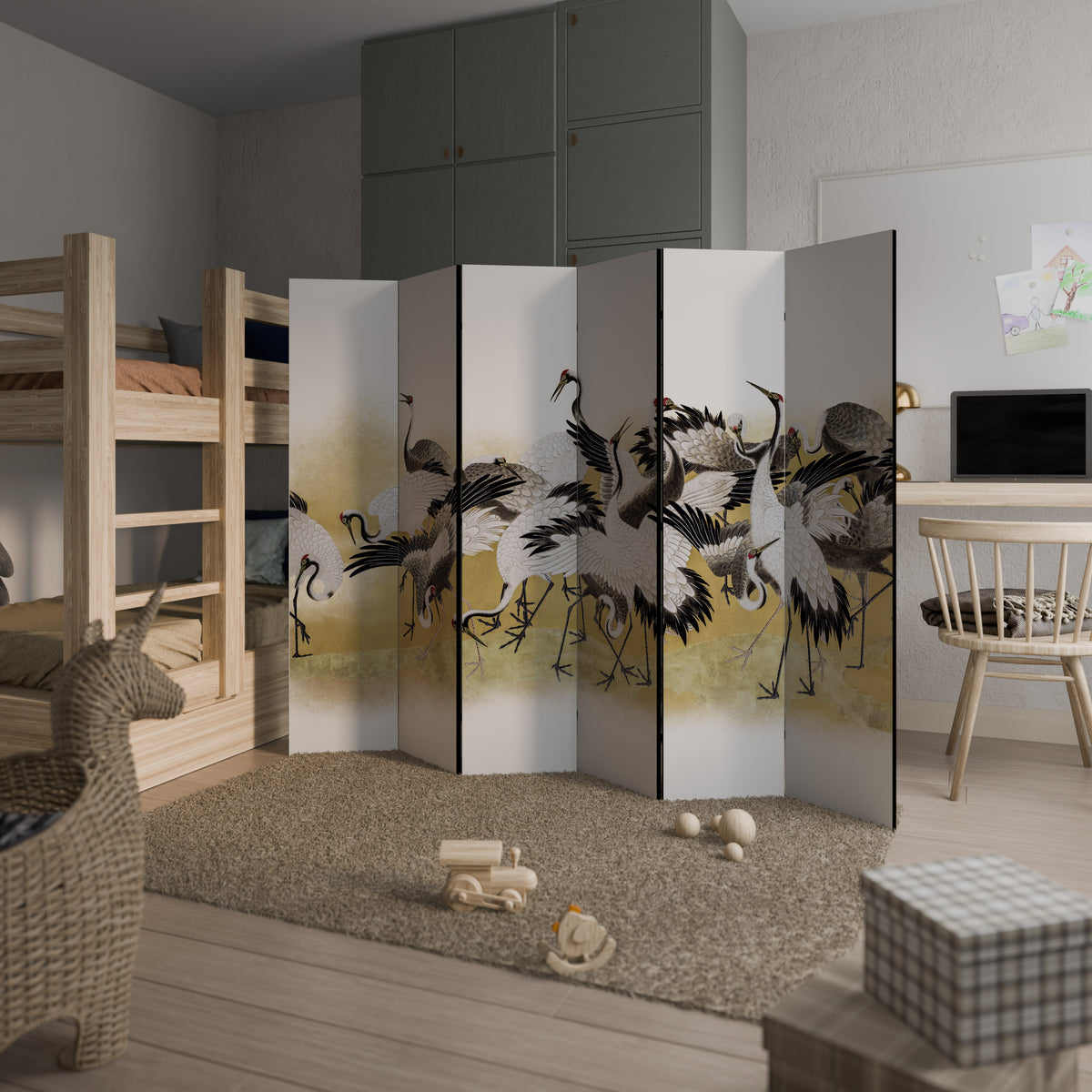 JAPANESE FLOCK OF CRANES 6-Panel Room Divider