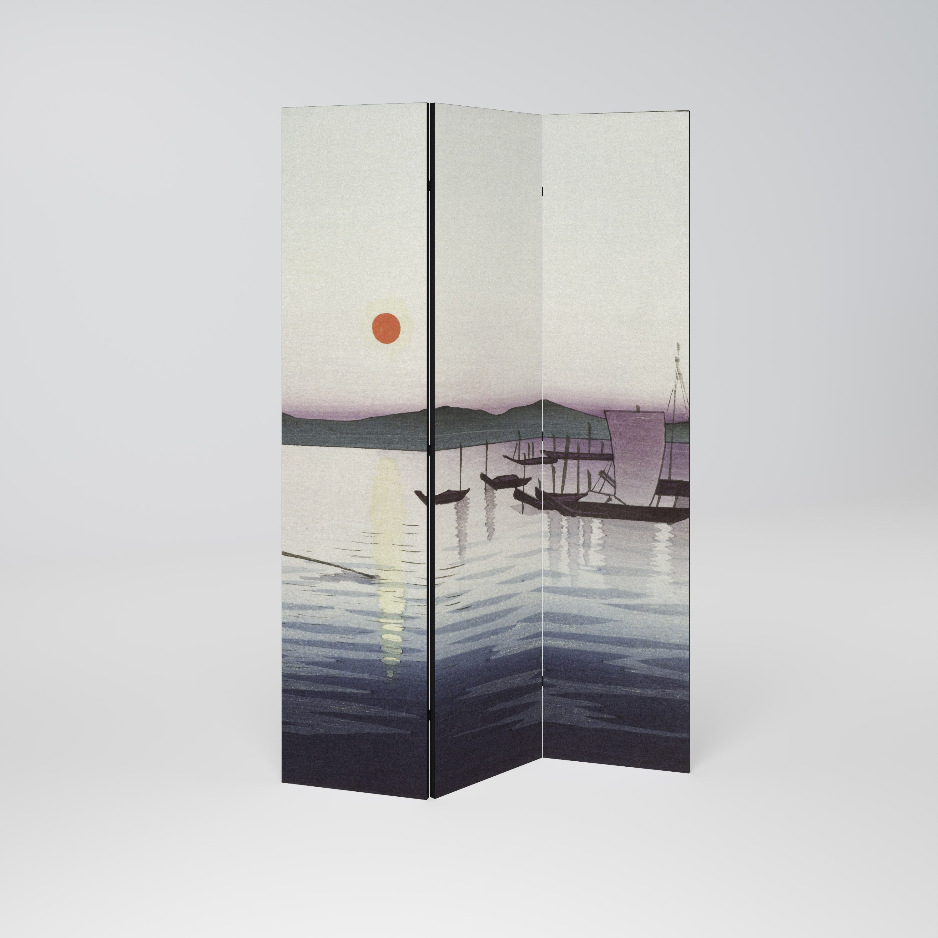 Dekorativer 3-teiliger Raumteiler „Boote und untergehende Sonne“