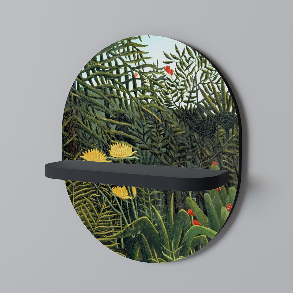 VIRGIN FOREST WITH SUNSET Oval Art Shelf In Black Finish