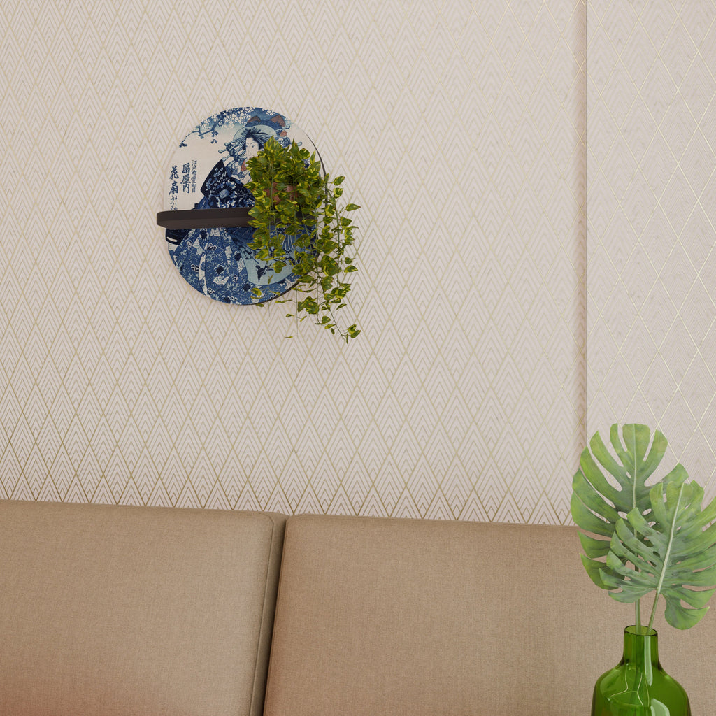 JAPANESE WOMAN Oval Art Shelf In Black Finish