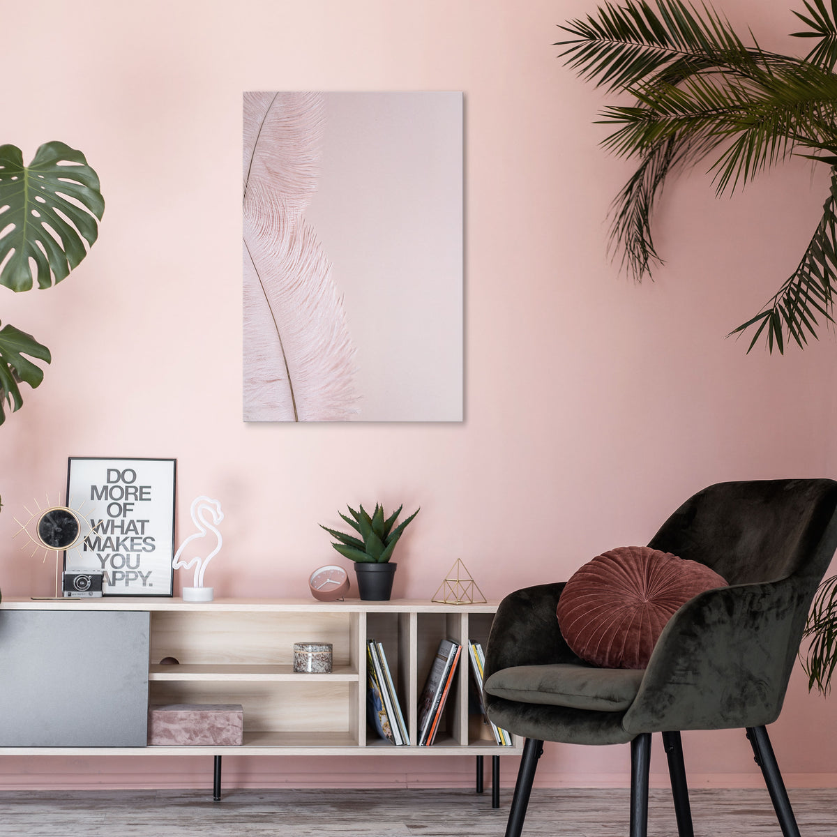 WHISPERING PINK FEATHERS Vertical Canvas Print