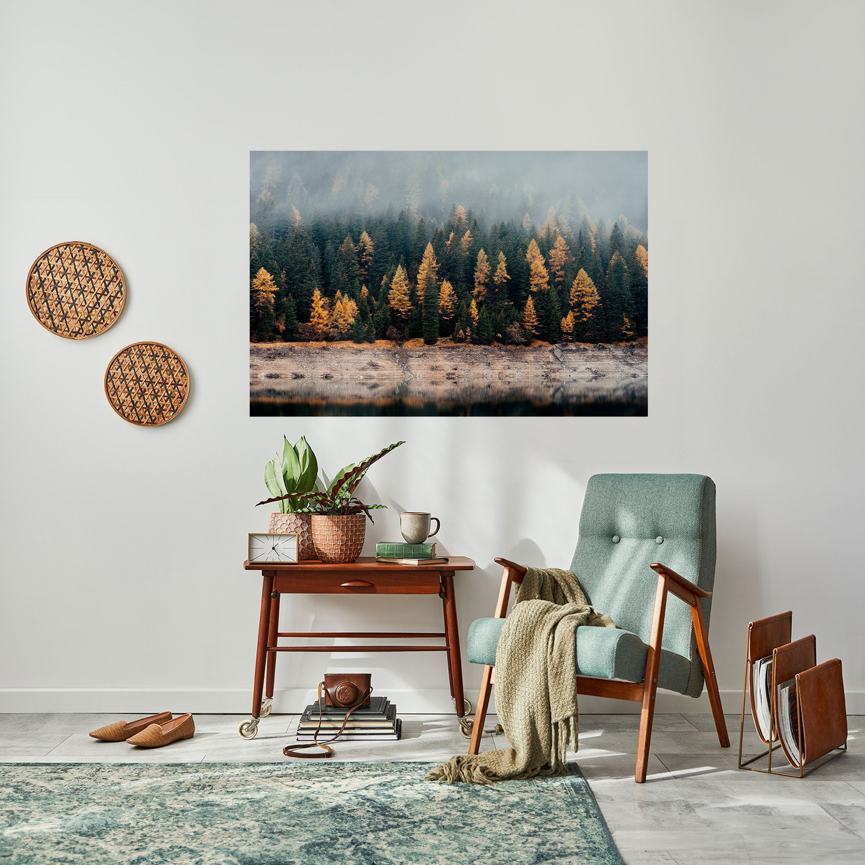 Goldene Bäume im Nebel, horizontales Poster zum Abziehen und Aufkleben