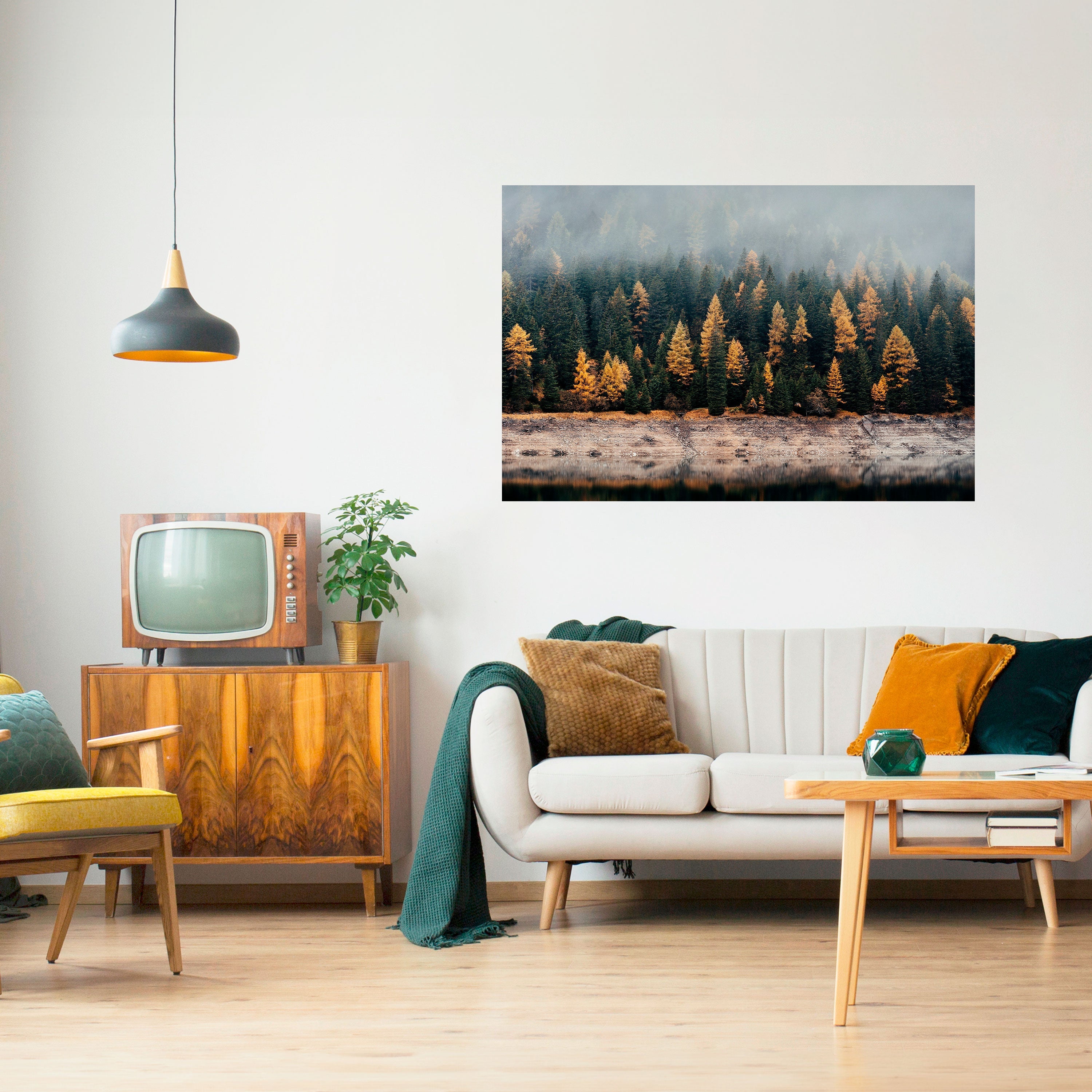 Goldene Bäume im Nebel, horizontales Poster zum Abziehen und Aufkleben