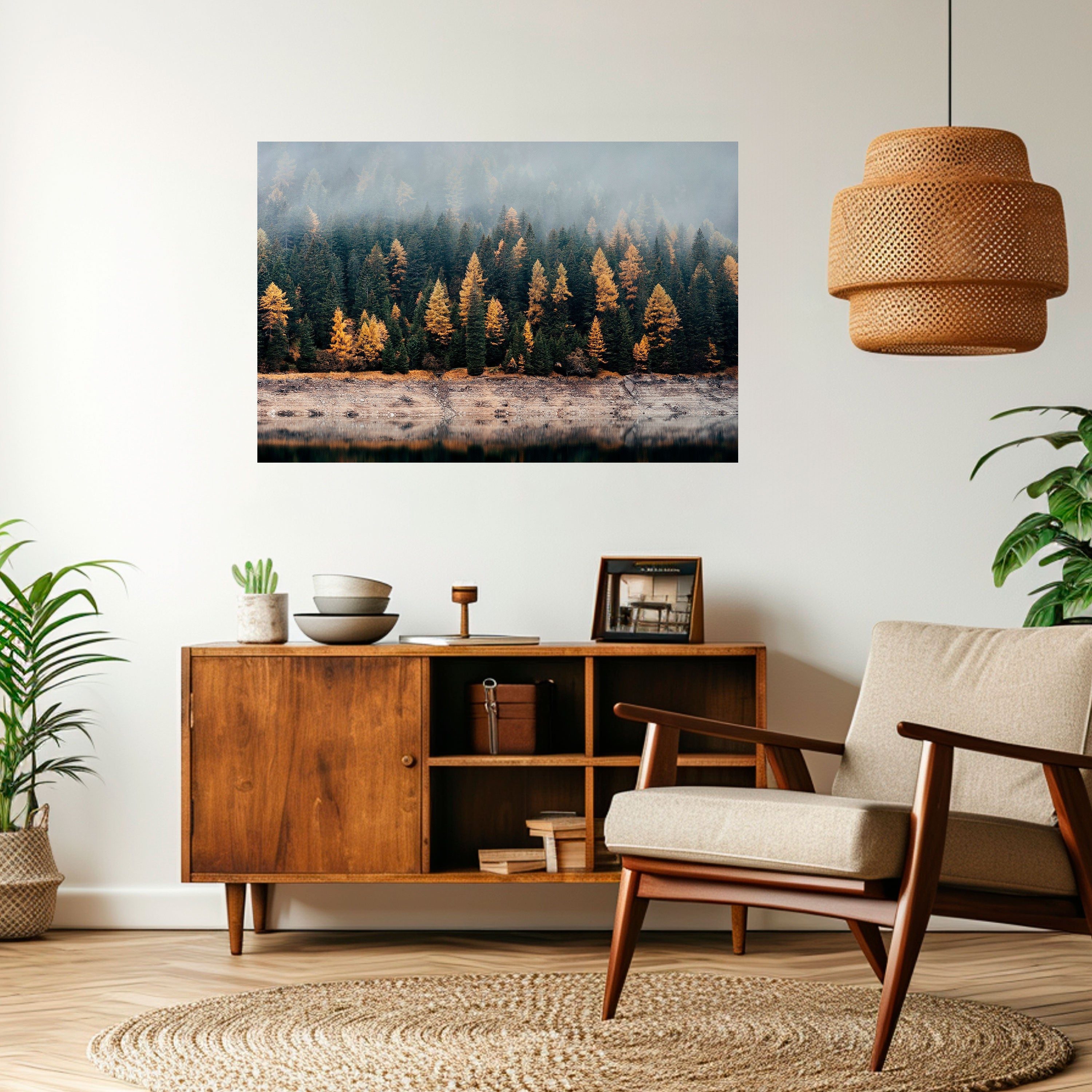 Goldene Bäume im Nebel, horizontales Poster zum Abziehen und Aufkleben