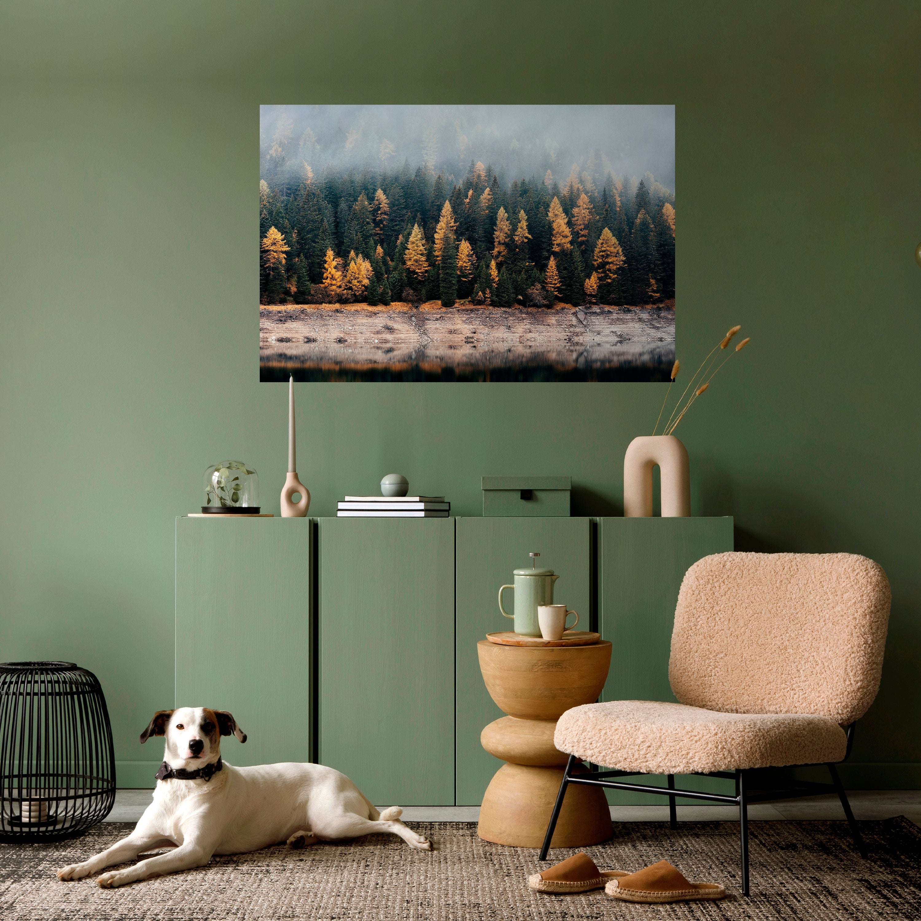 Goldene Bäume im Nebel, horizontales Poster zum Abziehen und Aufkleben