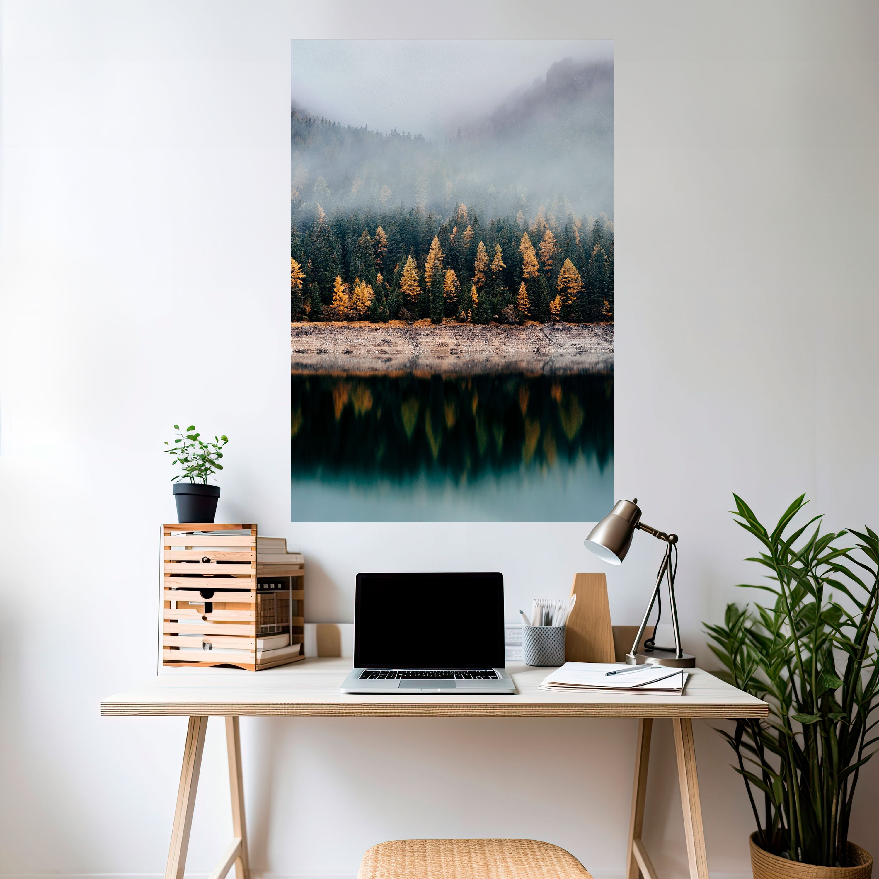 Goldene Bäume im Nebel, vertikales Poster zum Abziehen und Aufkleben