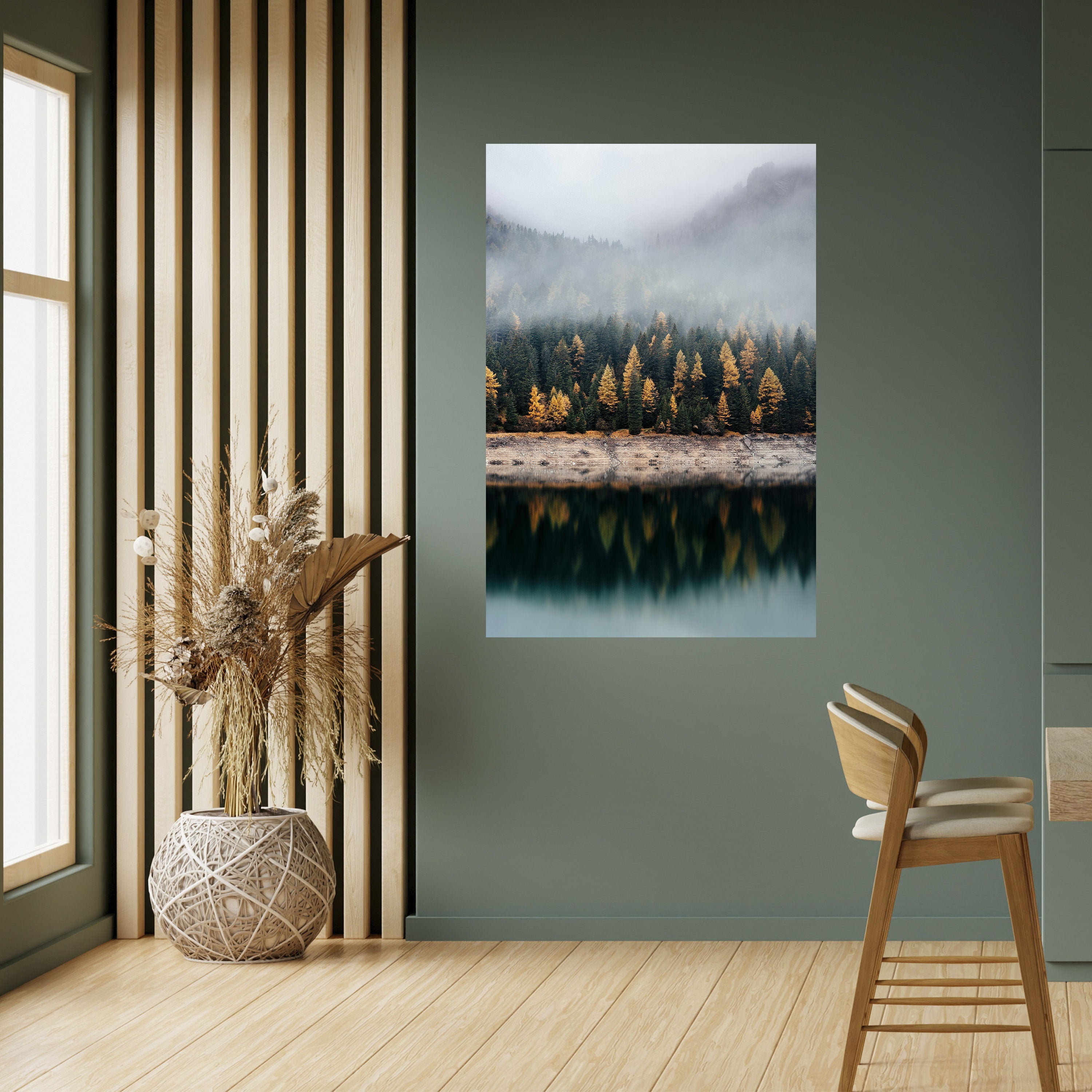 Goldene Bäume im Nebel, vertikales Poster zum Abziehen und Aufkleben