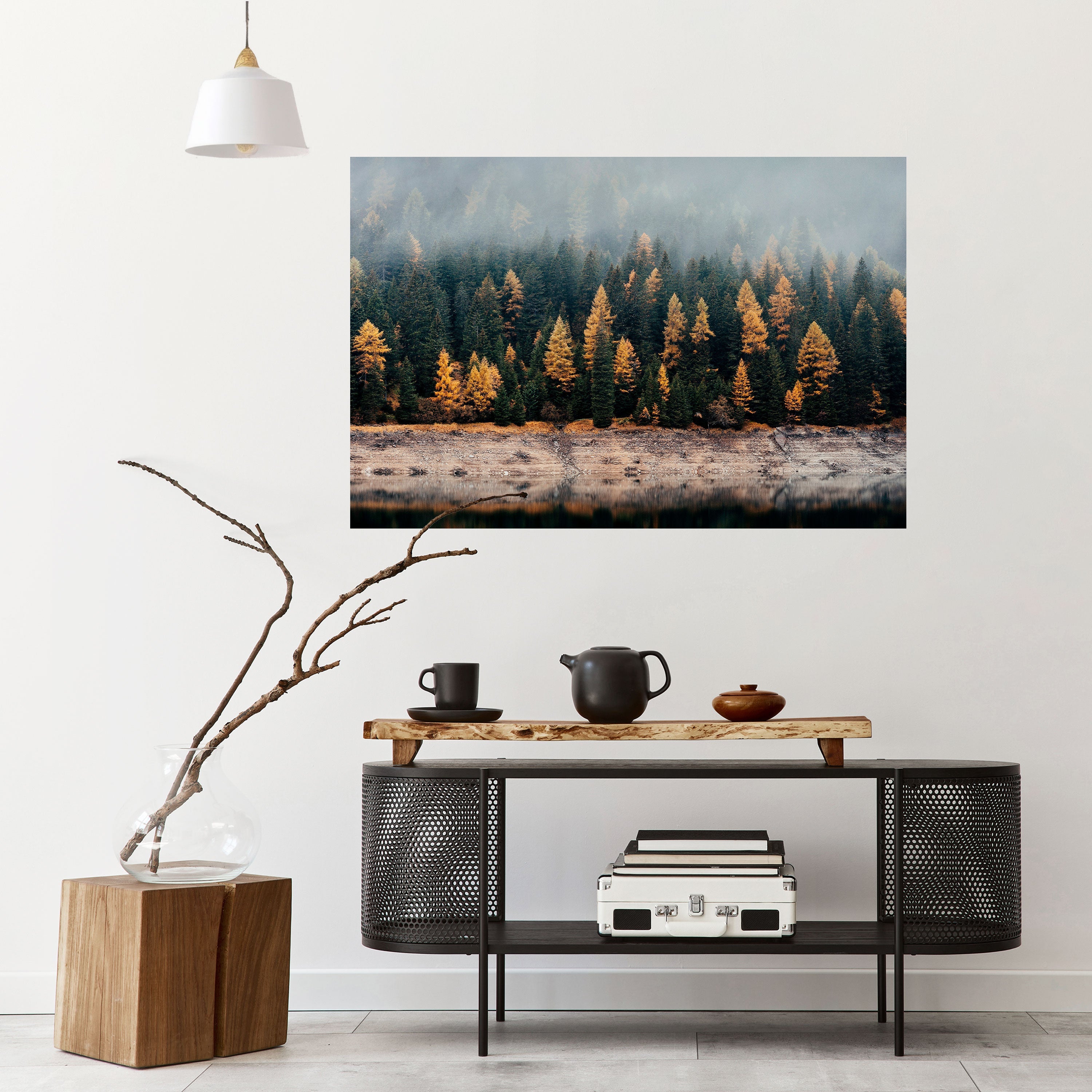 Goldene Bäume im Nebel, horizontales Poster zum Abziehen und Aufkleben