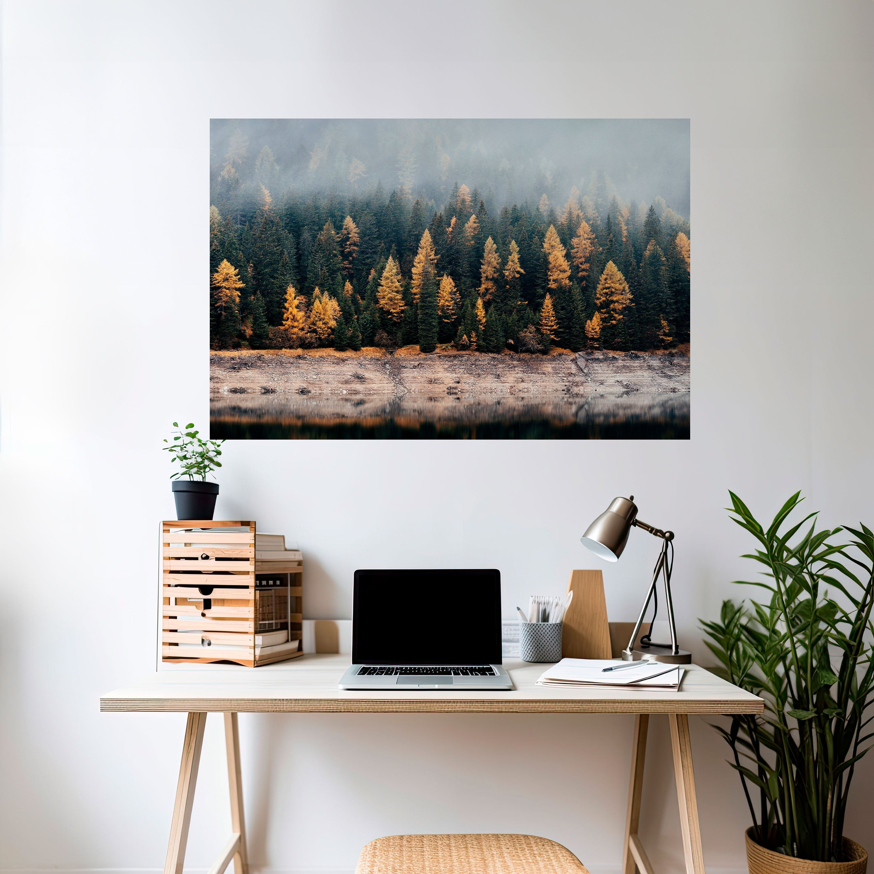 Goldene Bäume im Nebel, horizontales Poster zum Abziehen und Aufkleben