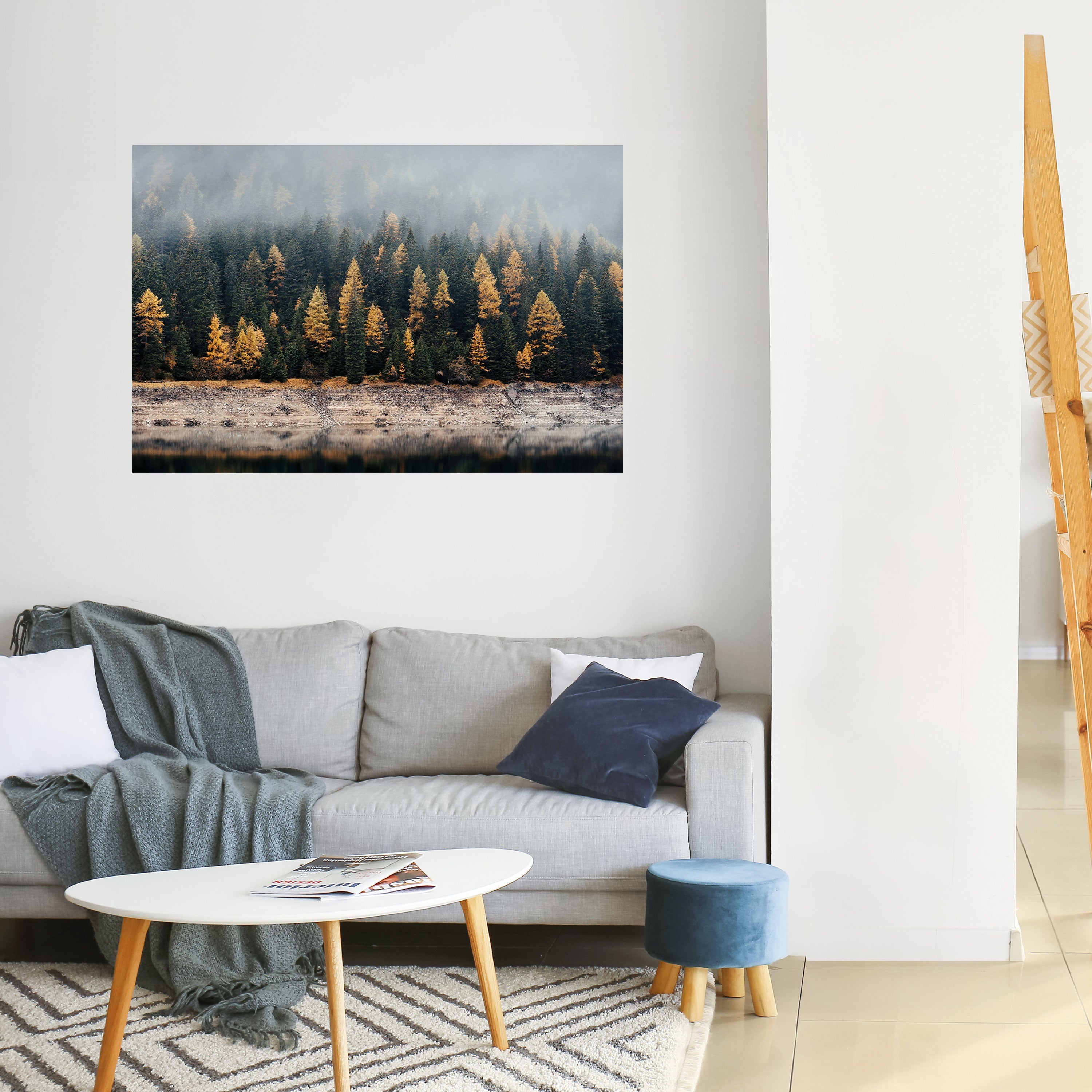 Goldene Bäume im Nebel, horizontales Poster zum Abziehen und Aufkleben