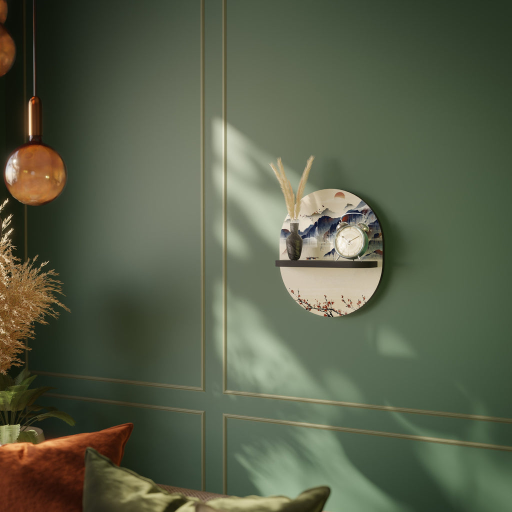 JAPANESE LANDSCAPE Oval Art Shelf In Black Finish