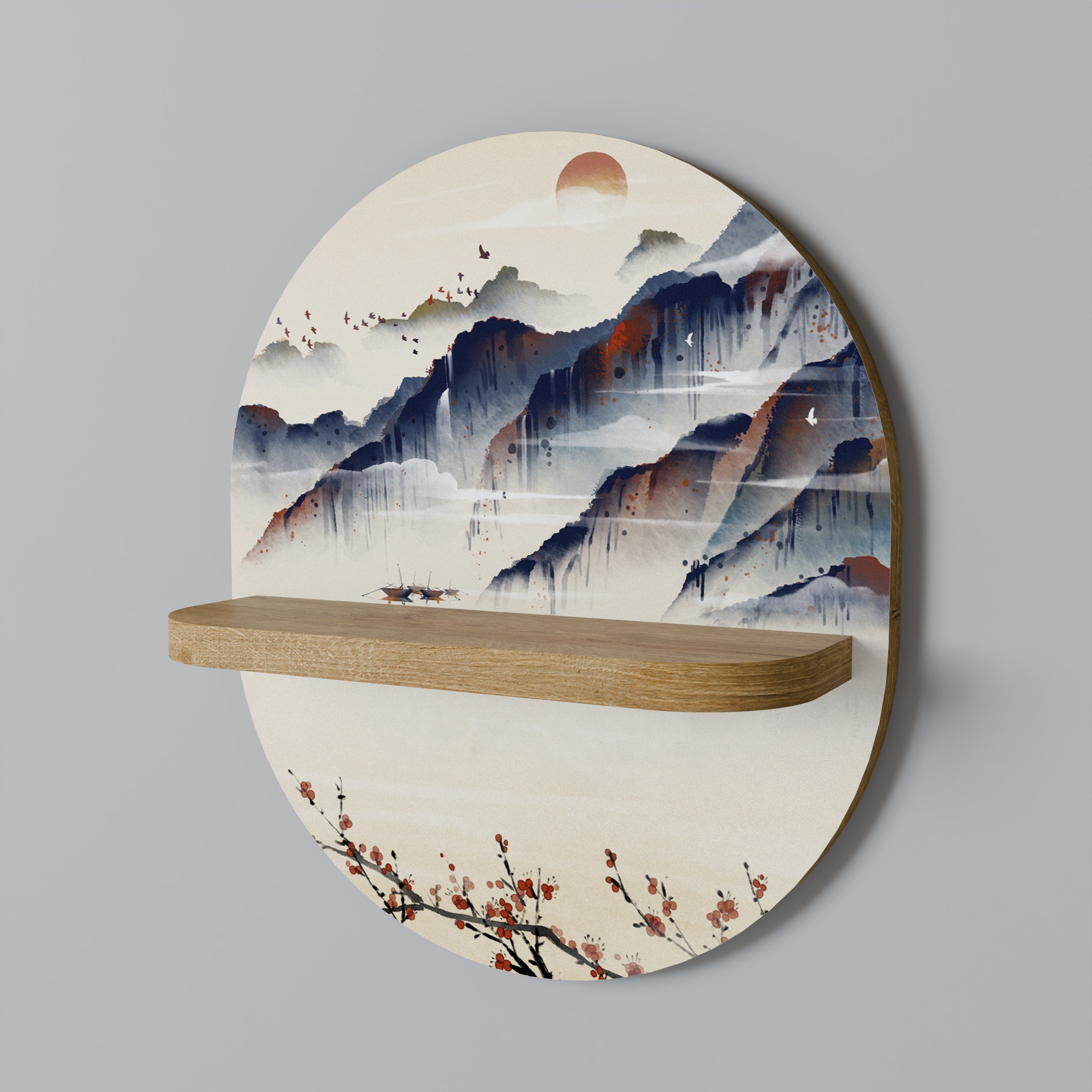 JAPANISCHE LANDSCHAFT Ovales Kunstregal in Eichenoptik