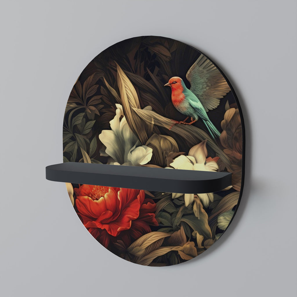 BOTANICAL BIRDSONG Oval Art Shelf In Black Finish